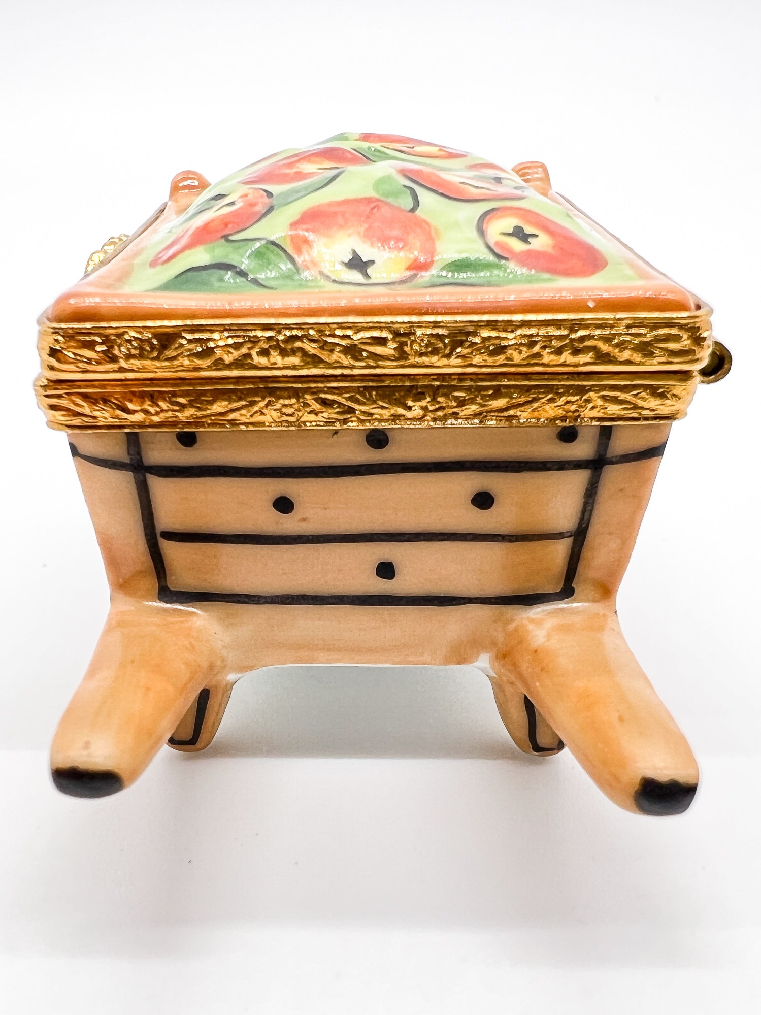 Vintage Artoria Limoges France Hand Painted Apple Cart Wheelbarrow Trinket Box.