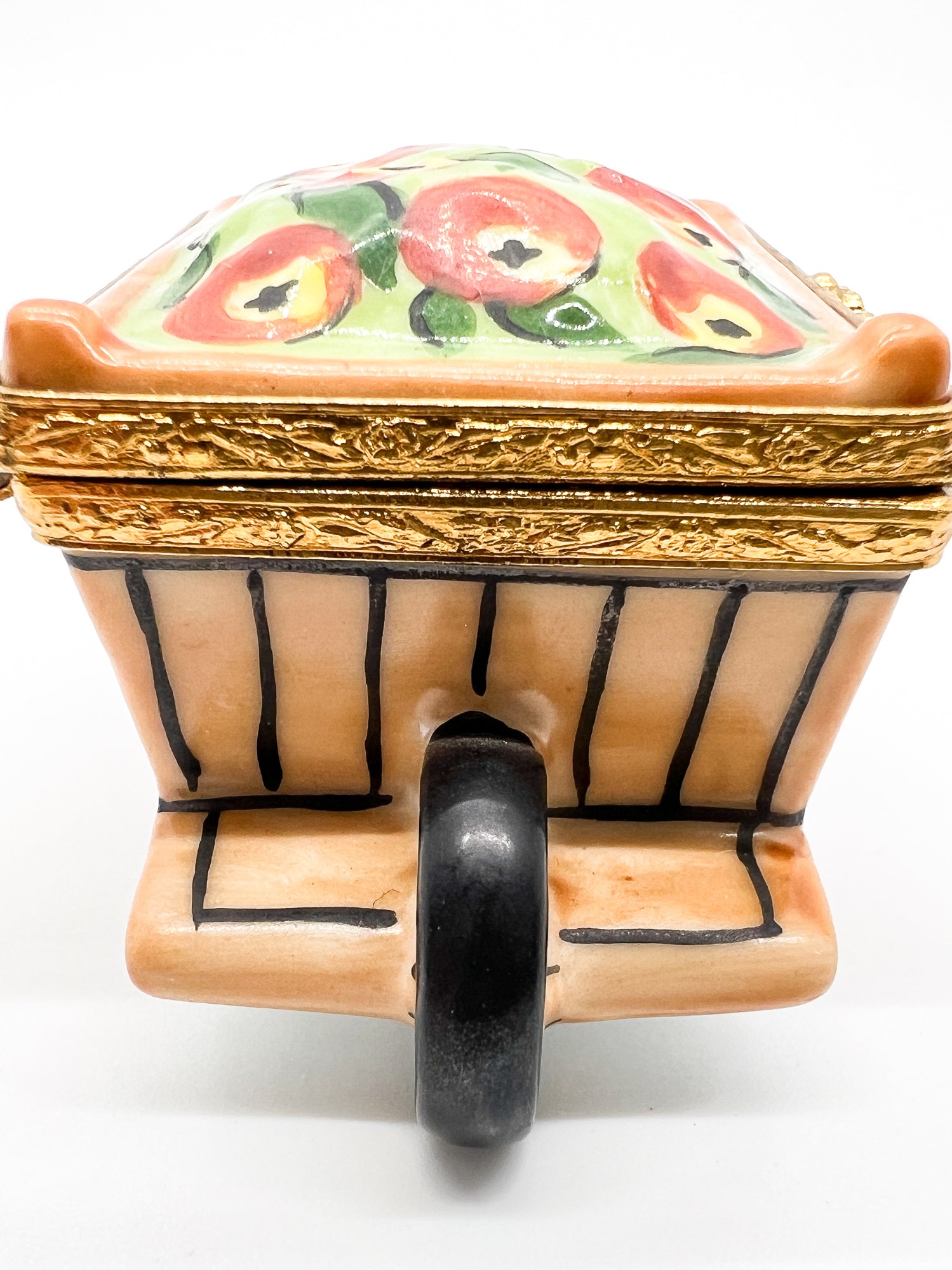 Vintage Artoria Limoges France Hand Painted Apple Cart Wheelbarrow Trinket Box.