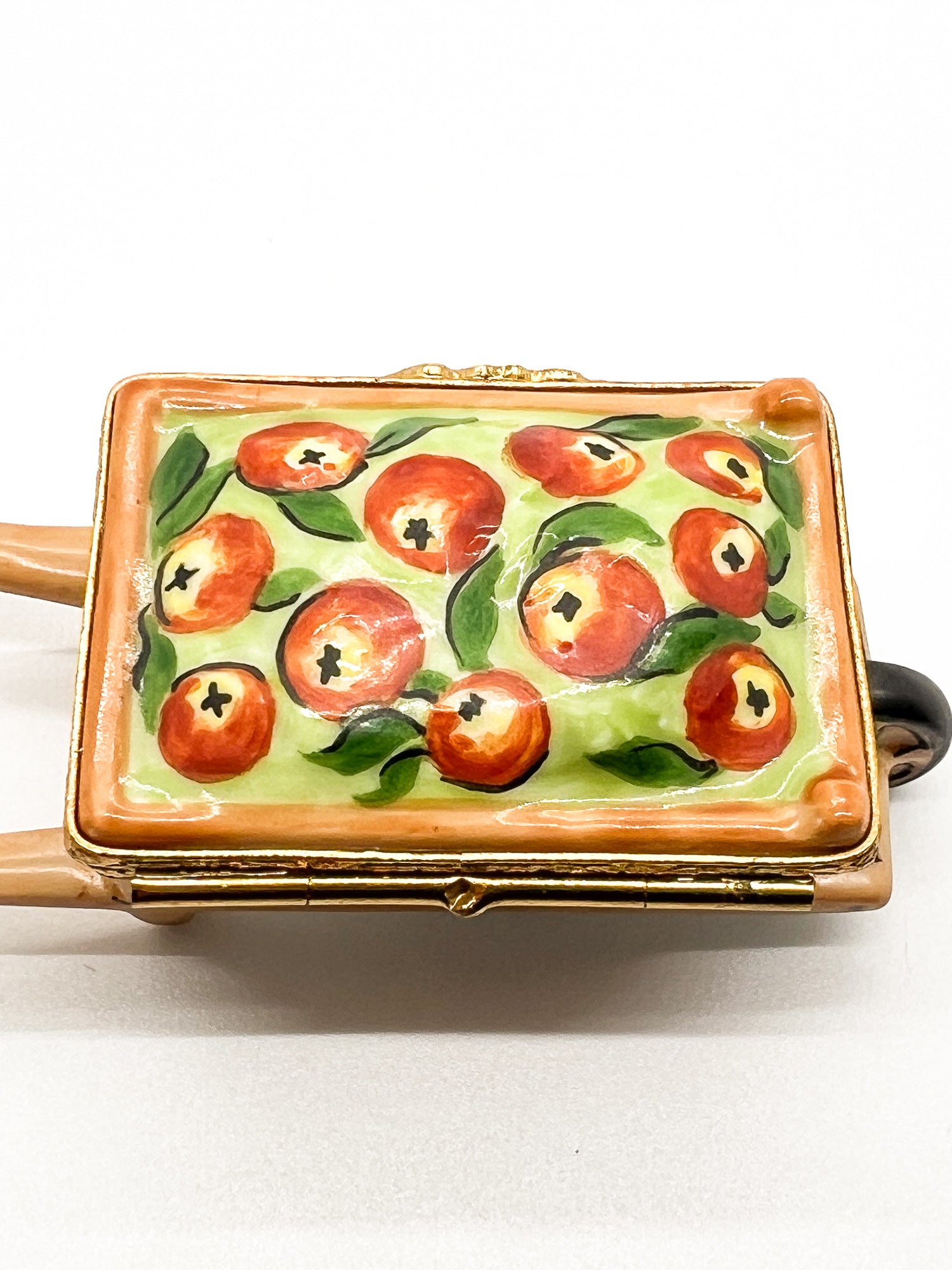 Vintage Artoria Limoges France Hand Painted Apple Cart Wheelbarrow Trinket Box.