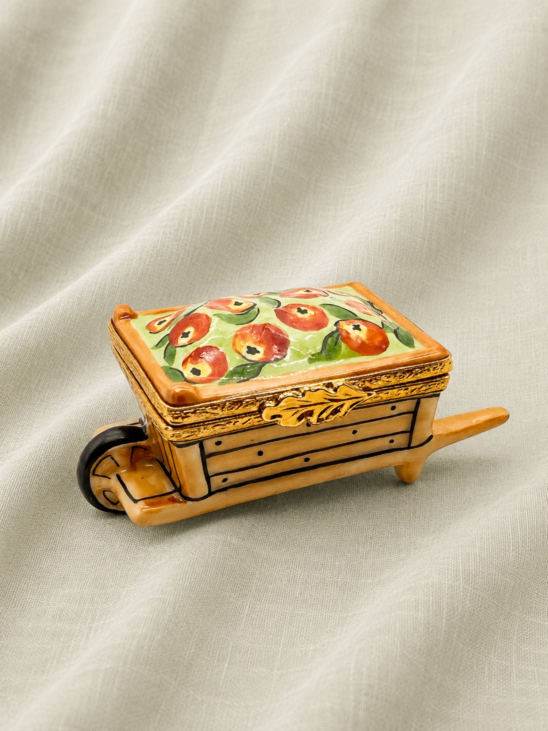 Vintage Artoria Limoges France Hand Painted Apple Cart Wheelbarrow Trinket Box.