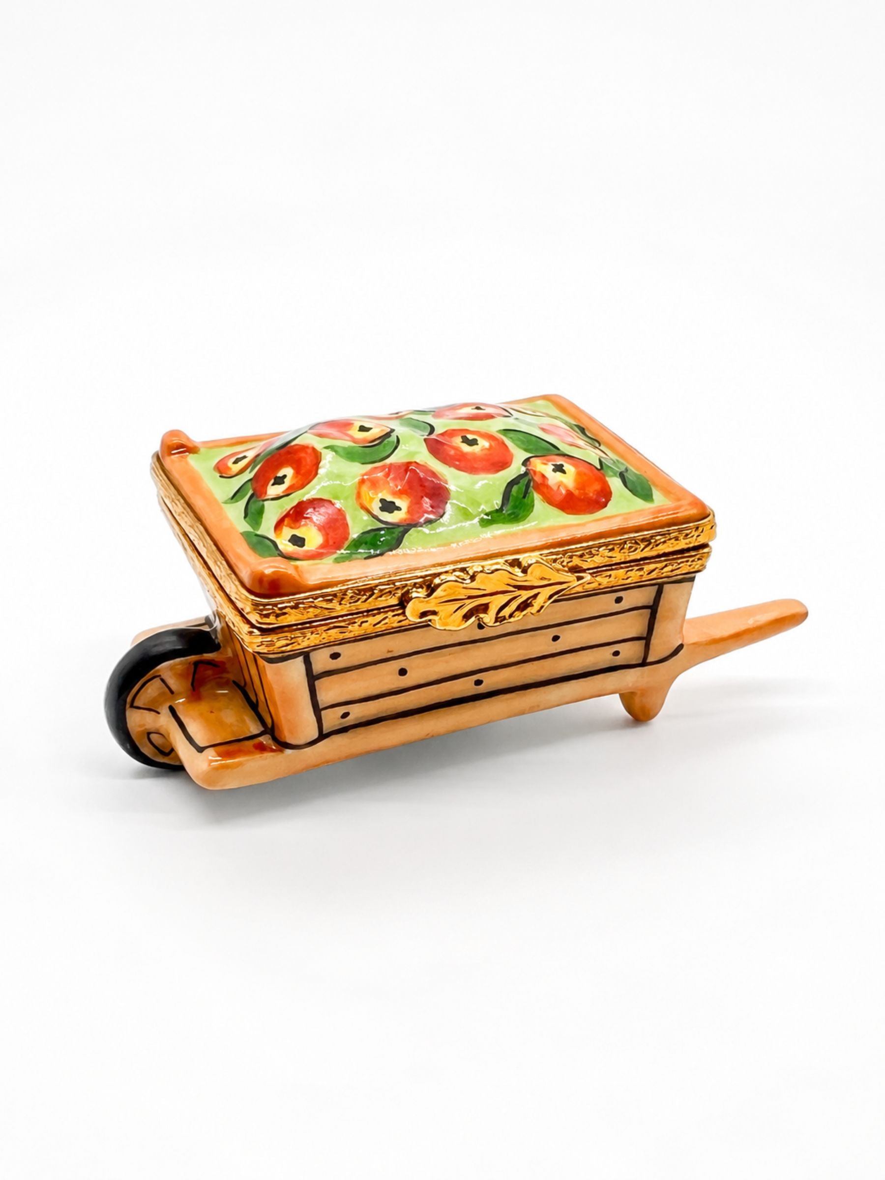 Vintage Artoria Limoges France Hand Painted Apple Cart Wheelbarrow Trinket Box.