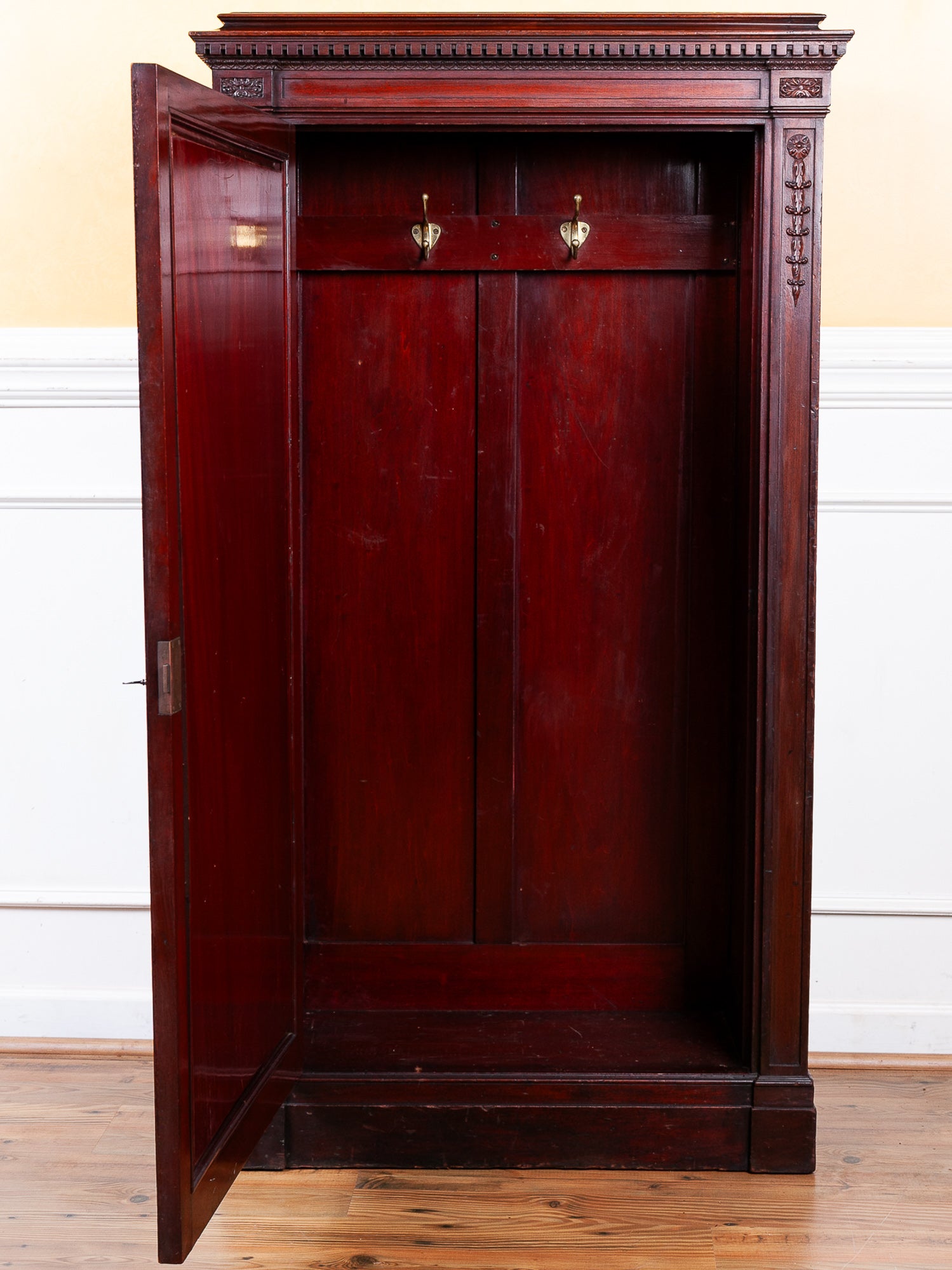Antique Carved Mahogany Coat Closet Cupboard