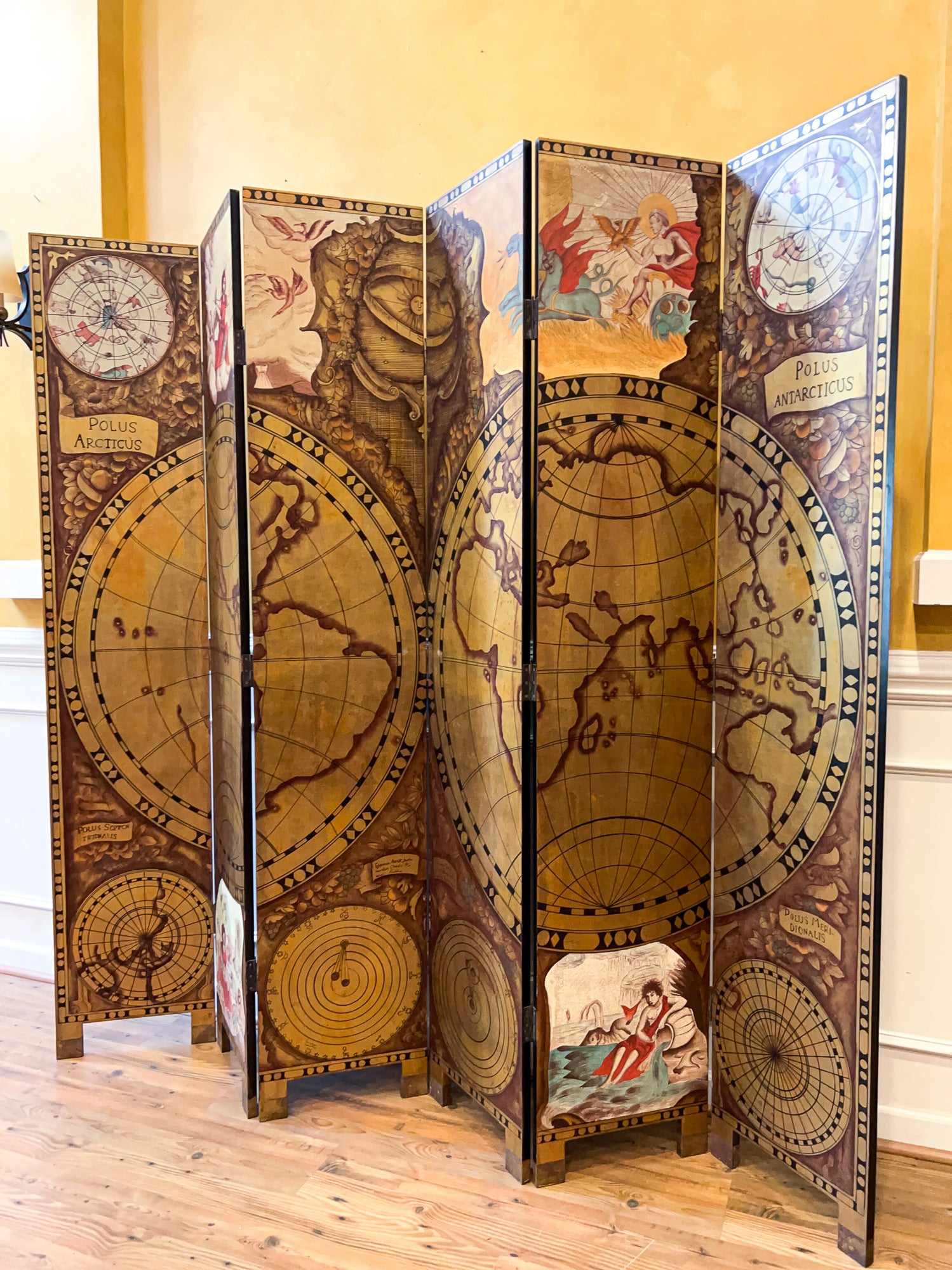 Monumental Mid 20th Century 6 Panel Room Divider, Screen, Hand Decorated Polus Arcticus, Antarcticus Atlas.