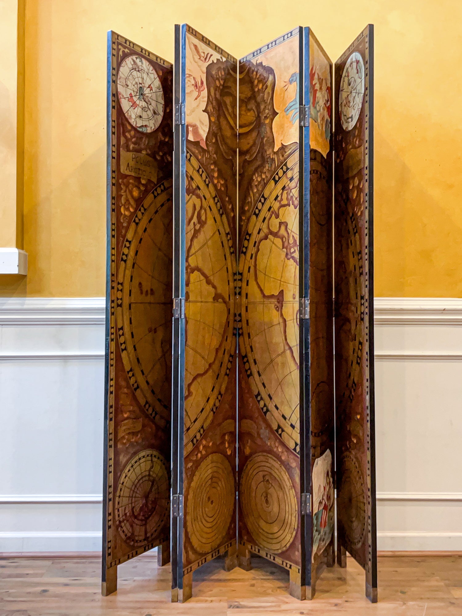 Monumental Mid 20th Century 6 Panel Room Divider, Screen, Hand Decorated Polus Arcticus, Antarcticus Atlas.