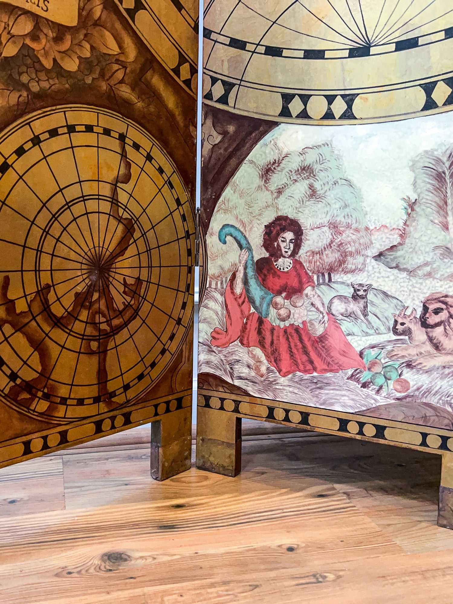 Monumental Mid 20th Century 6 Panel Room Divider, Screen, Hand Decorated Polus Arcticus, Antarcticus Atlas.