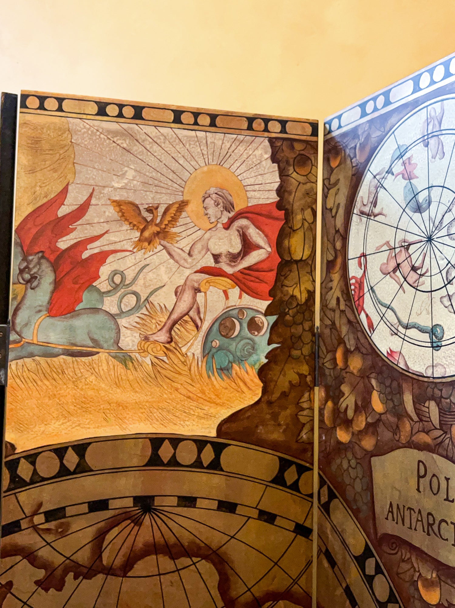 Monumental Mid 20th Century 6 Panel Room Divider, Screen, Hand Decorated Polus Arcticus, Antarcticus Atlas.