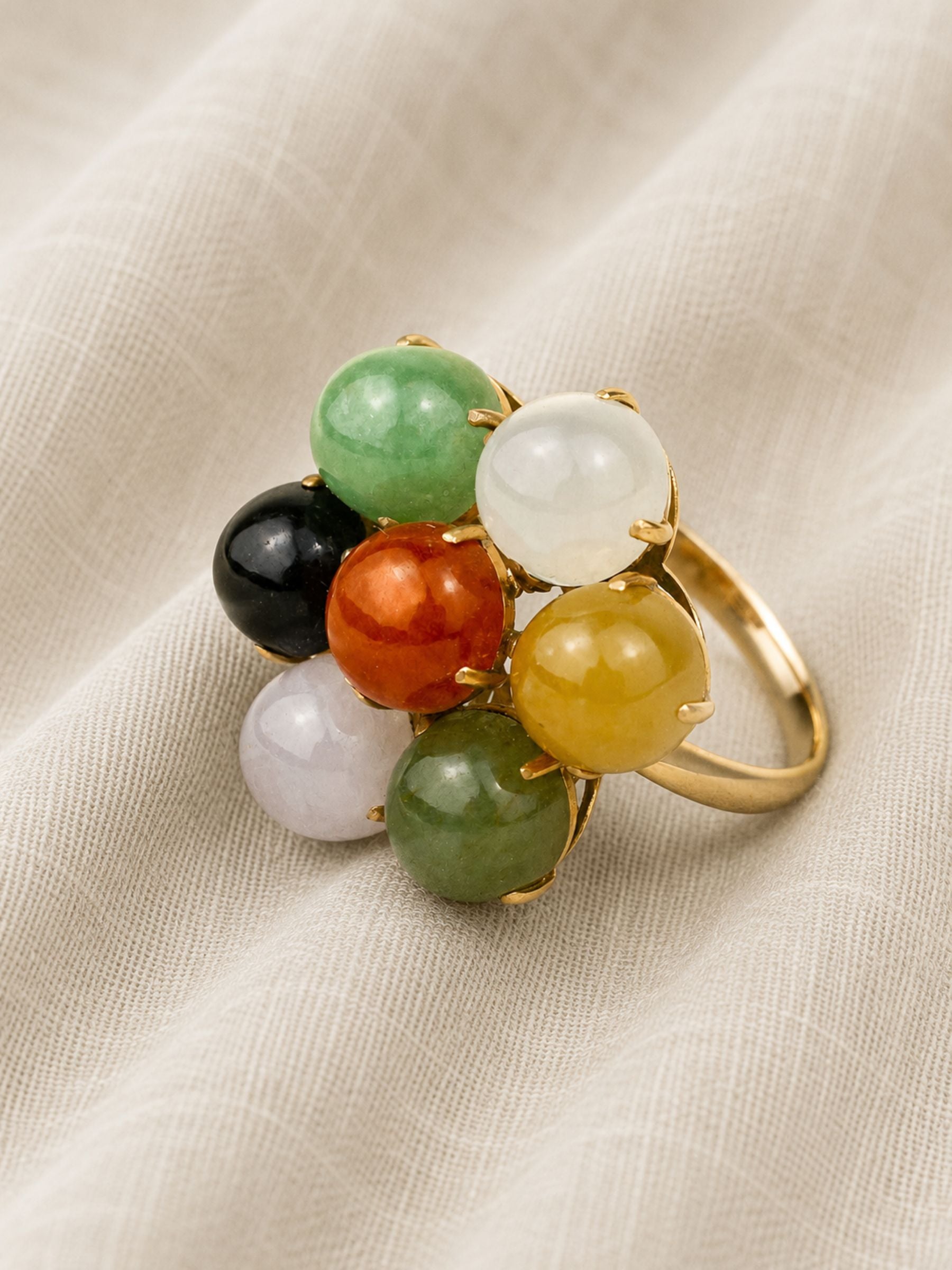 Vintage 14K Gold Ring with Multi Colored Jade Flower Ring