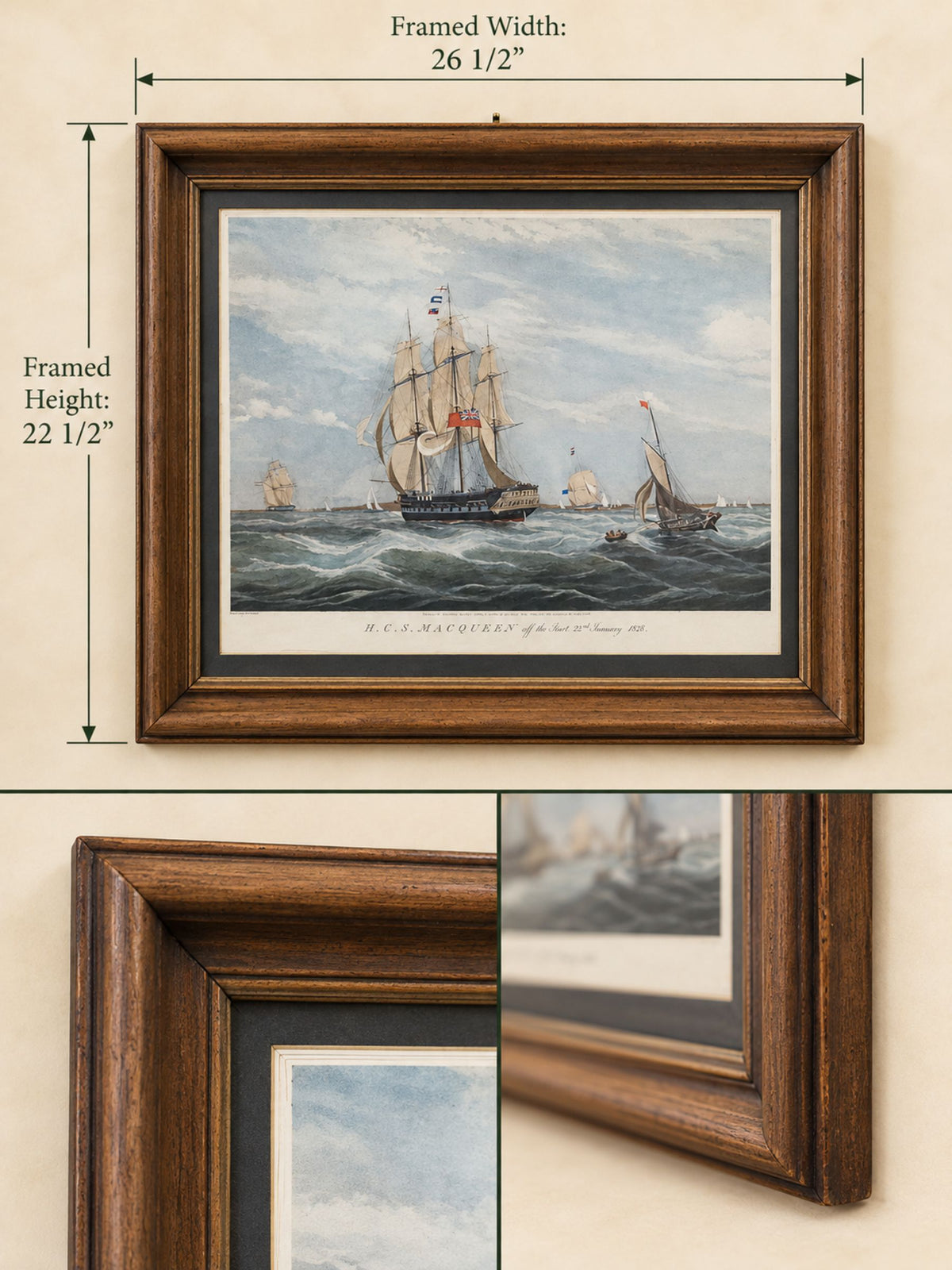 Antique 1834 Hand-Colored Maritime Aquatint – H.C.S. MacQueen off the Start – William John Higgins