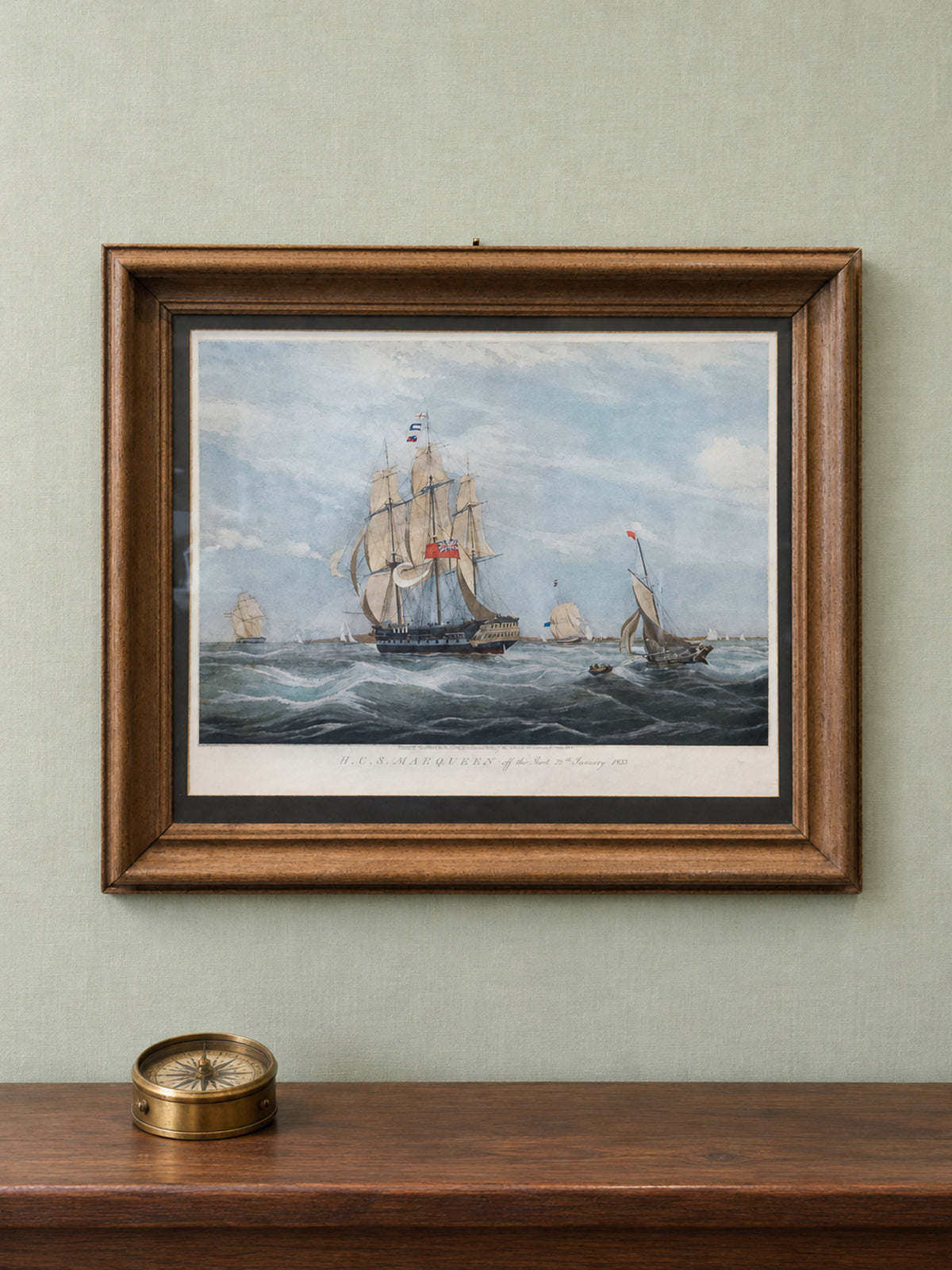 Antique 1834 Hand-Colored Maritime Aquatint – H.C.S. MacQueen off the Start – William John Higgins