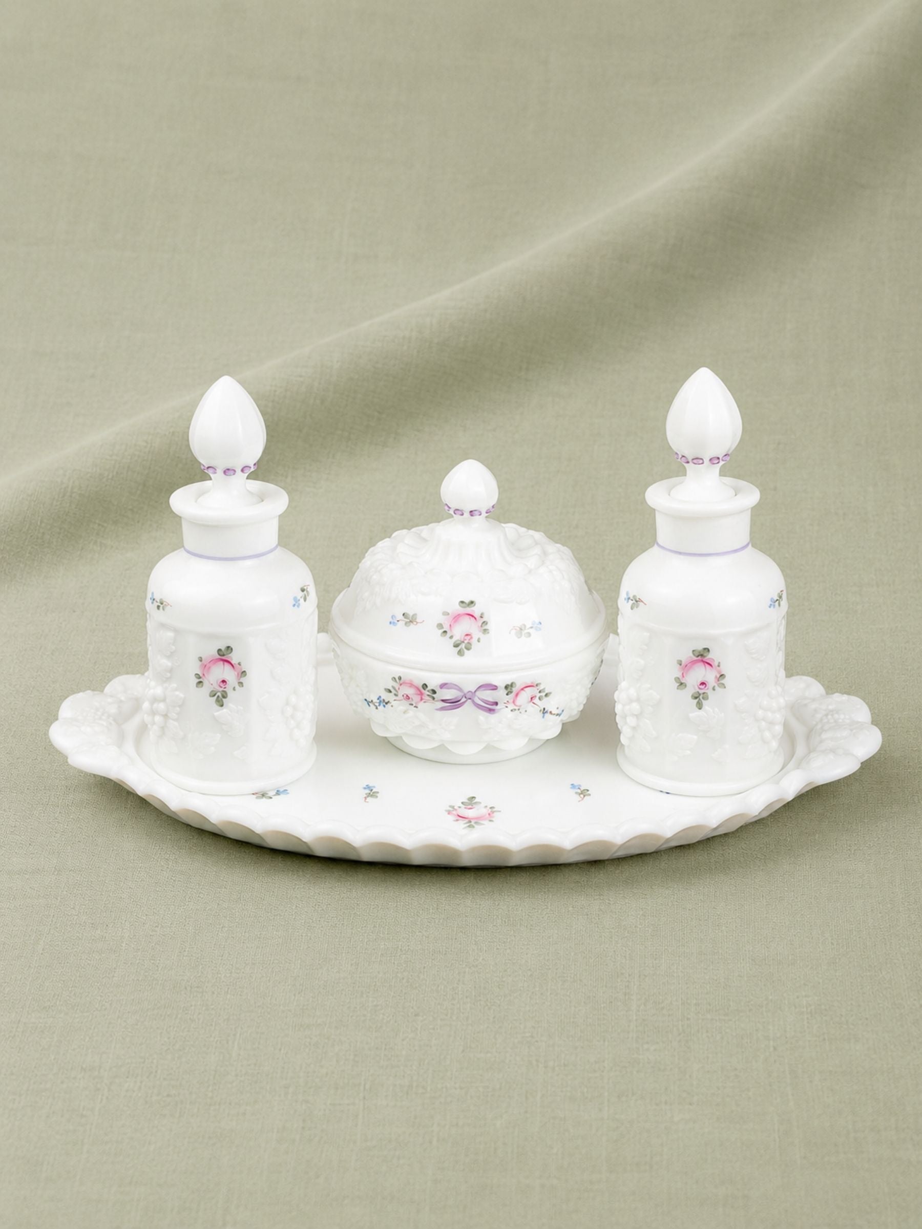 Westmoreland Hand-Painted Milk Glass Dresser Set, Circa 1950