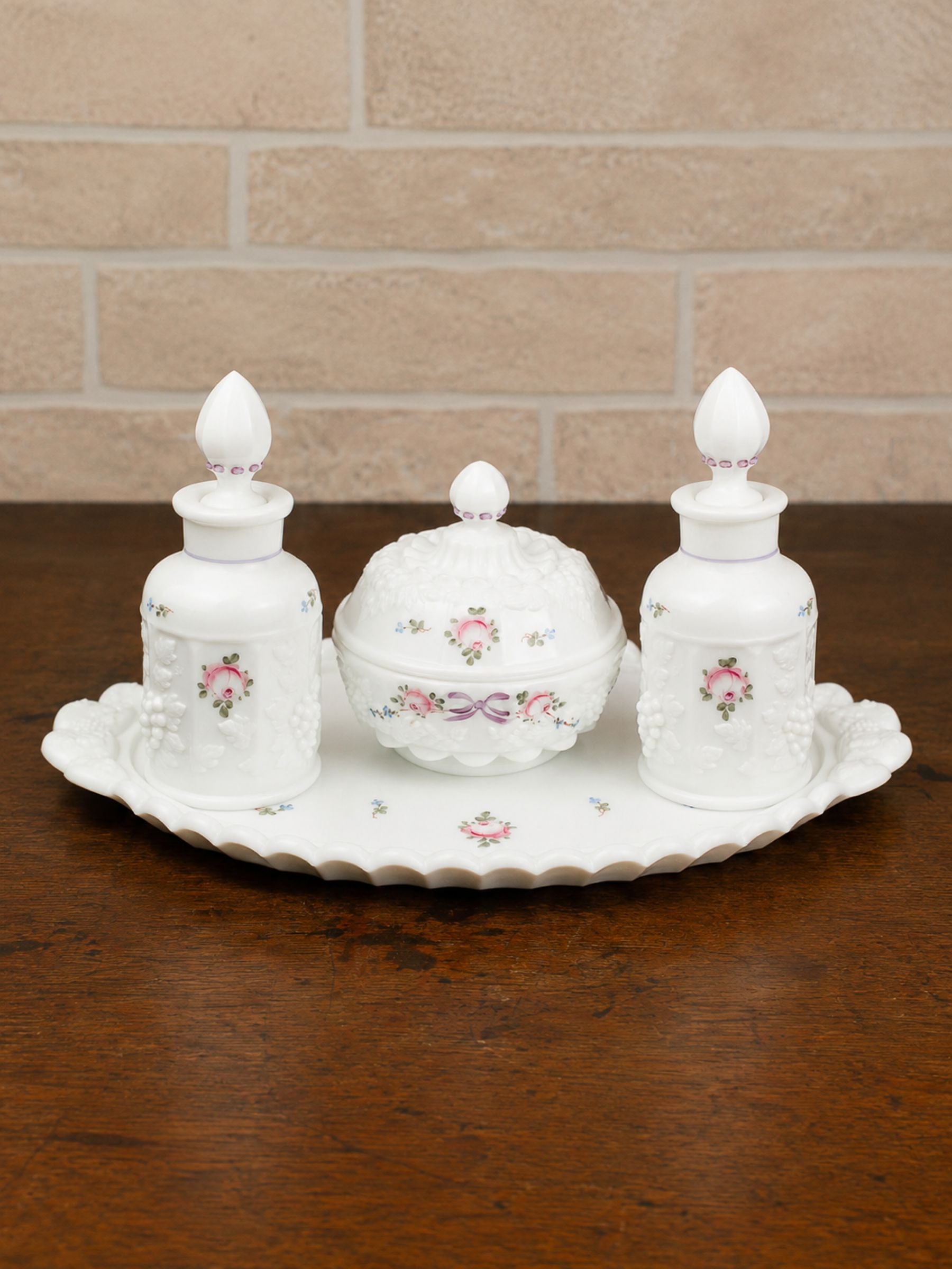 Westmoreland Hand-Painted Milk Glass Dresser Set, Circa 1950