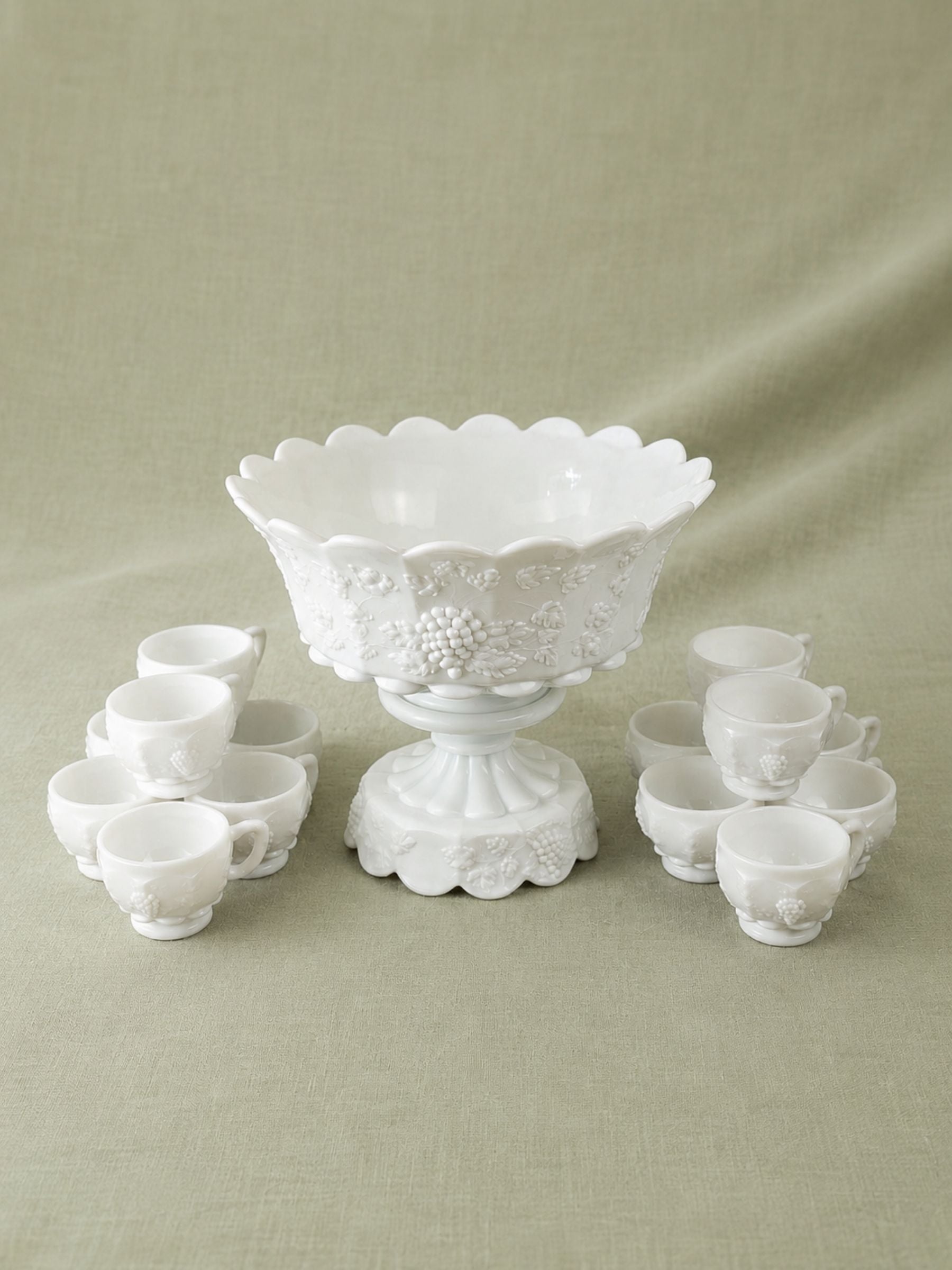 Westmoreland Milk Glass Pedestal Punch Bowl and 14 Cups. c.1950