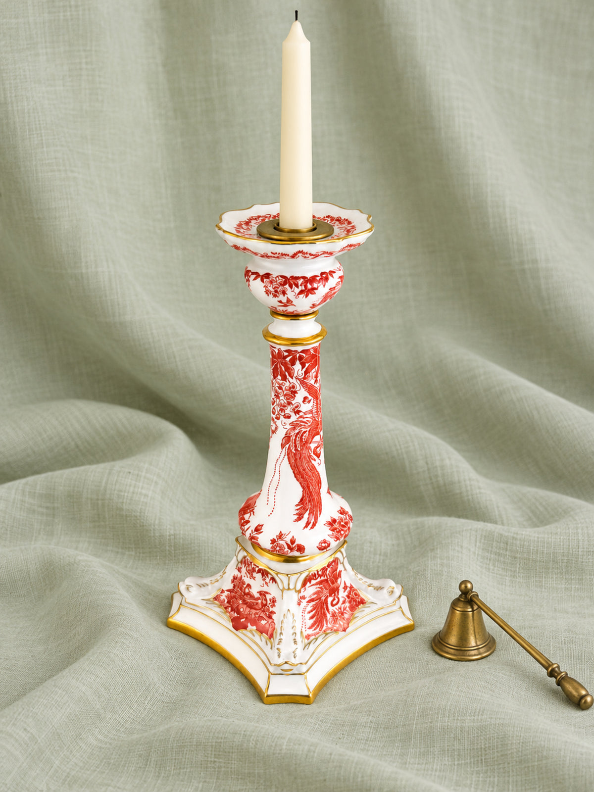 1978 Royal Crown Derby Red Aves Porcelain Candlestick with Gilded Dolphins – Pattern A.74