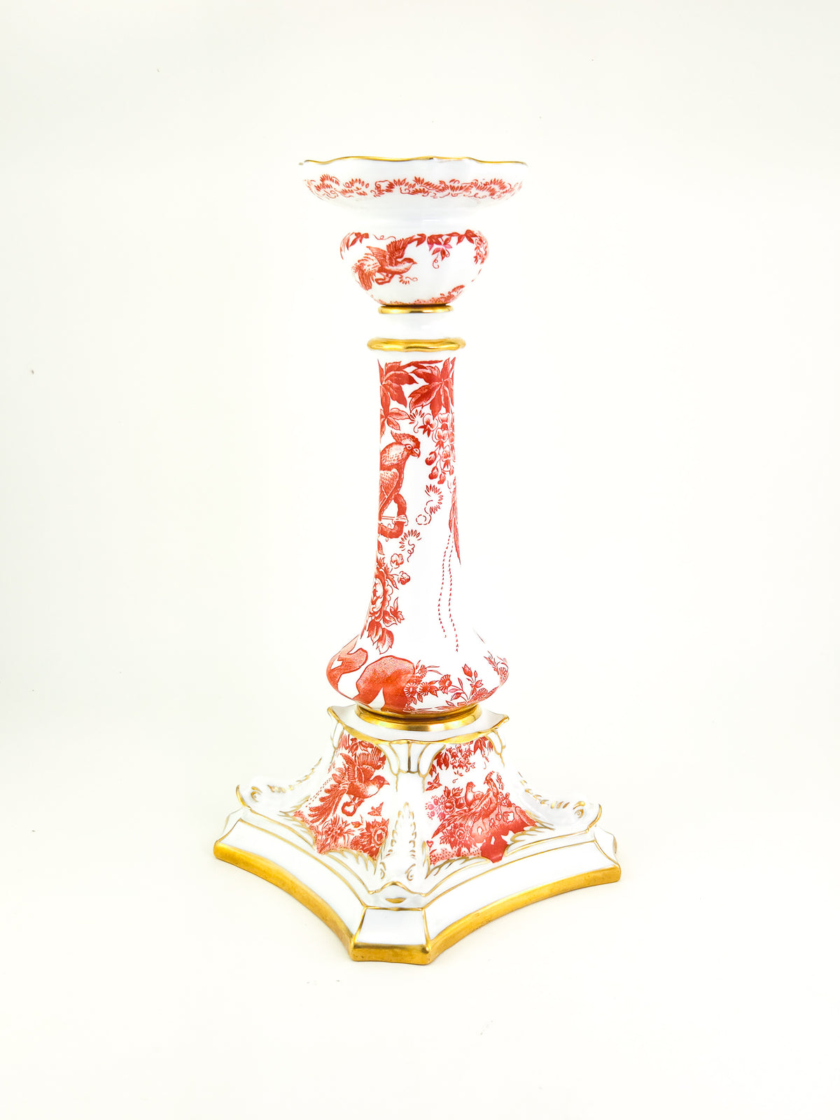 1978 Royal Crown Derby Red Aves Porcelain Candlestick with Gilded Dolphins – Pattern A.74