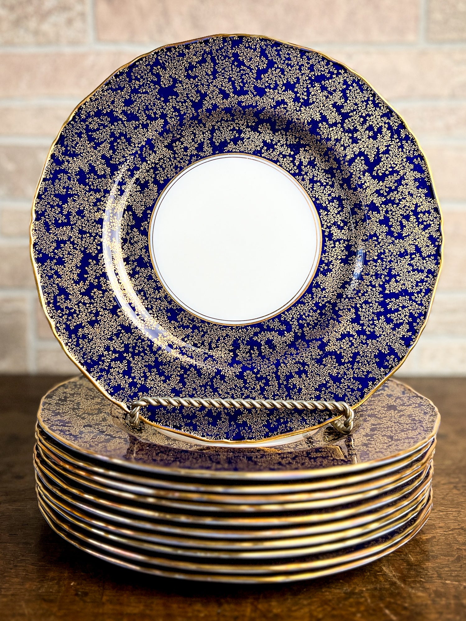 Set of 11 Royal Worcester Dinner Plates with Cobalt Blue & Gold Border, Circa 1939