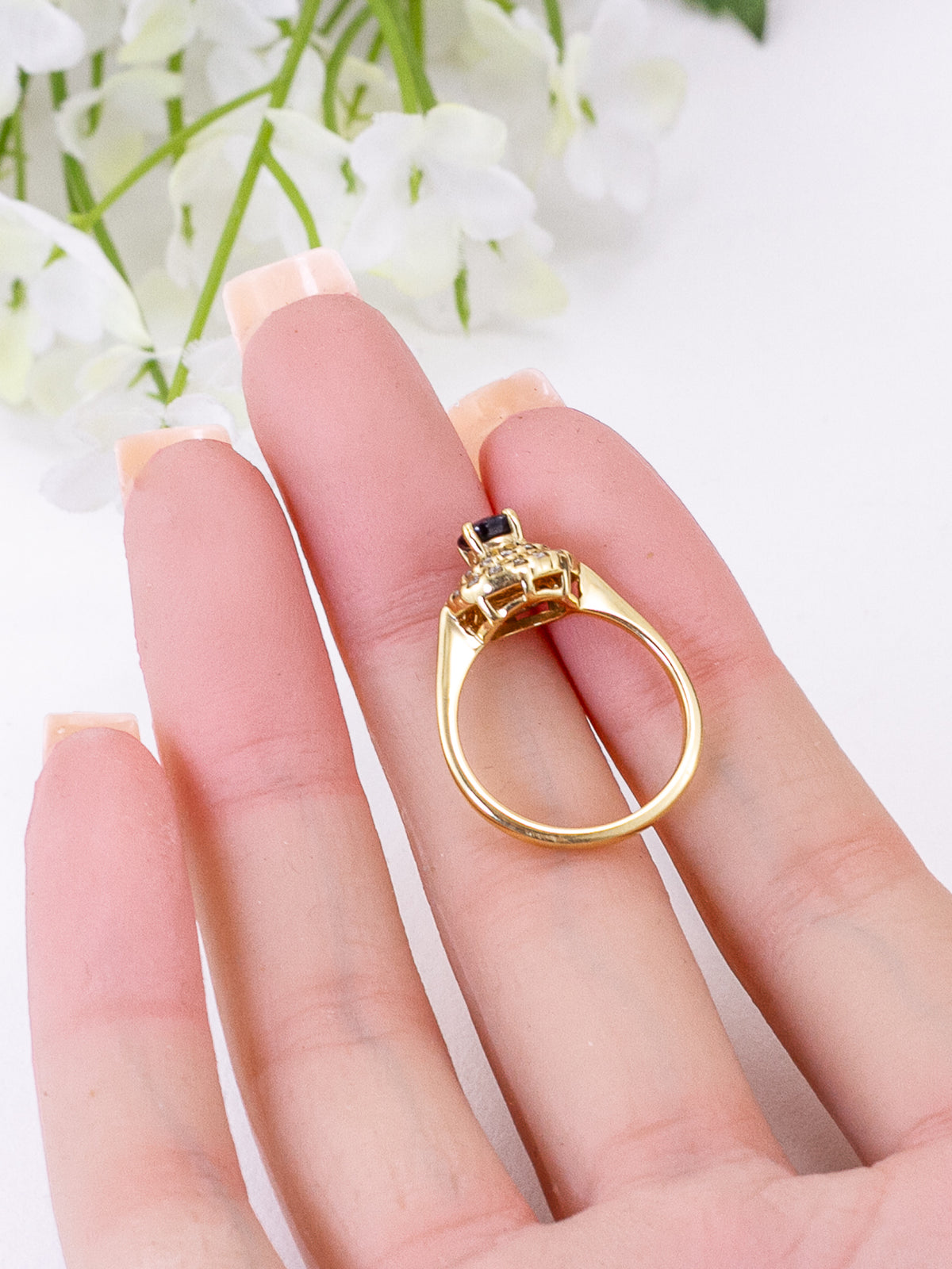 14K Yellow Gold Deep Blue Sapphire & Double Diamond Halo Cluster Ring – Size 6 1/4