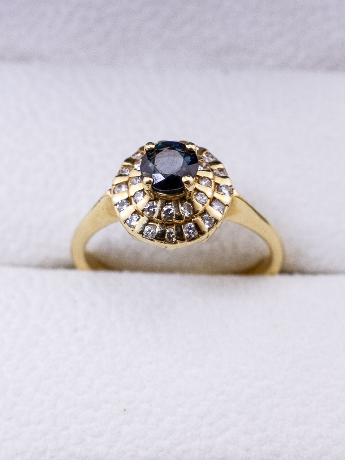 14K Yellow Gold Deep Blue Sapphire & Double Diamond Halo Cluster Ring – Size 6 1/4