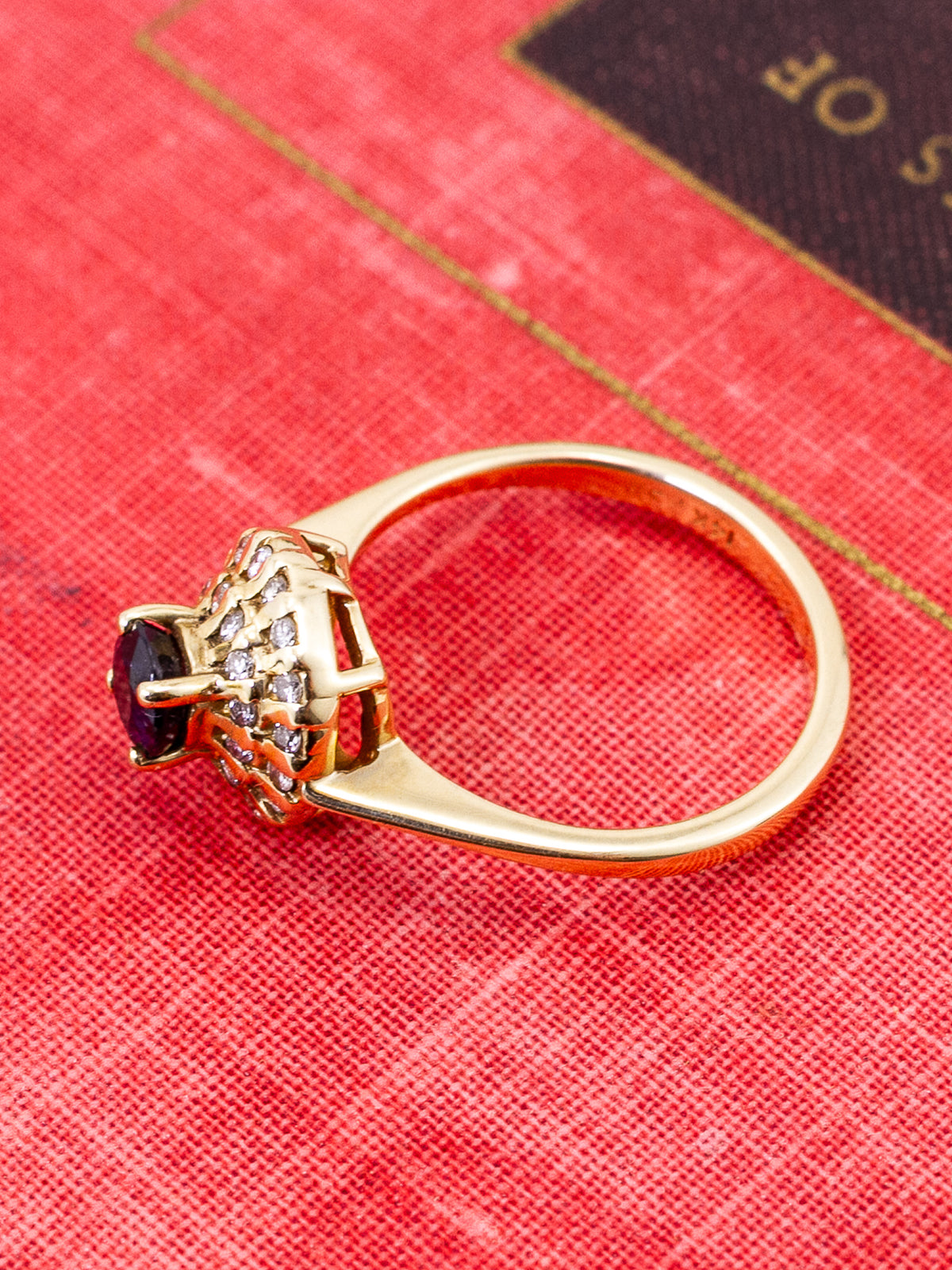 14K Yellow Gold Deep Blue Sapphire & Double Diamond Halo Cluster Ring – Size 6 1/4