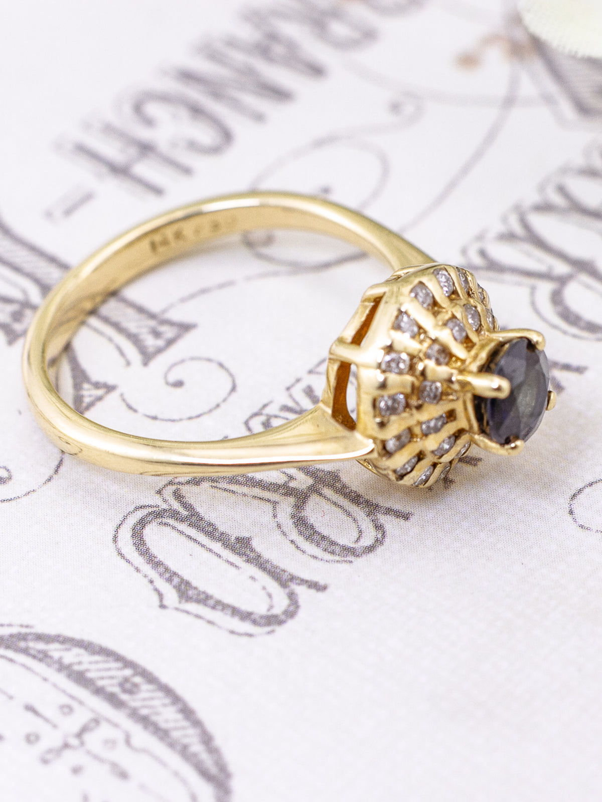 14K Yellow Gold Deep Blue Sapphire & Double Diamond Halo Cluster Ring – Size 6 1/4
