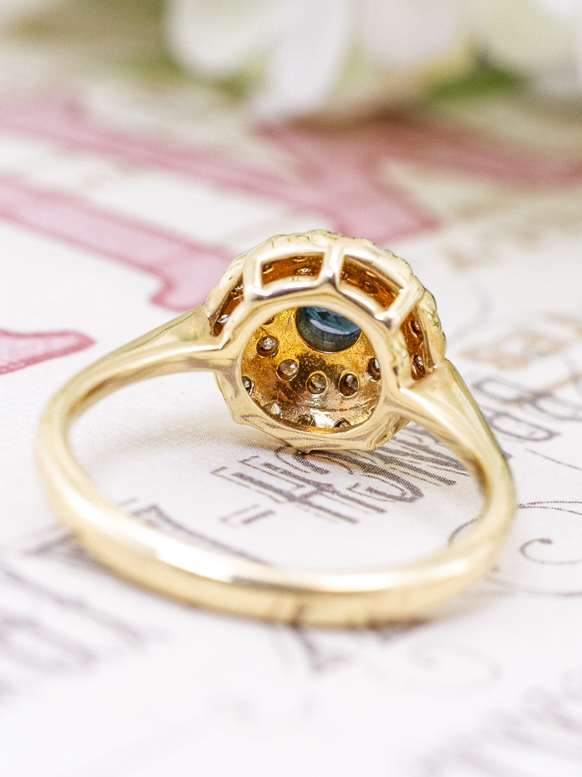 14K Yellow Gold Deep Blue Sapphire & Double Diamond Halo Cluster Ring – Size 6 1/4