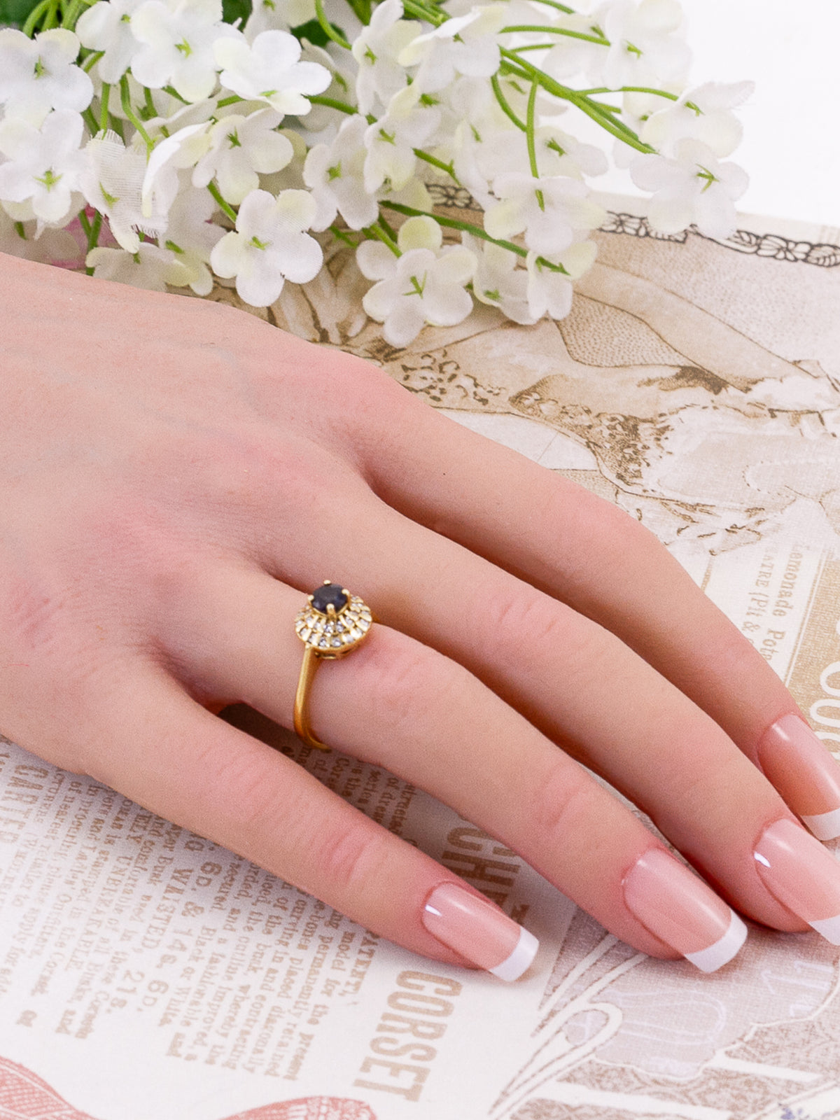 14K Yellow Gold Deep Blue Sapphire & Double Diamond Halo Cluster Ring – Size 6 1/4