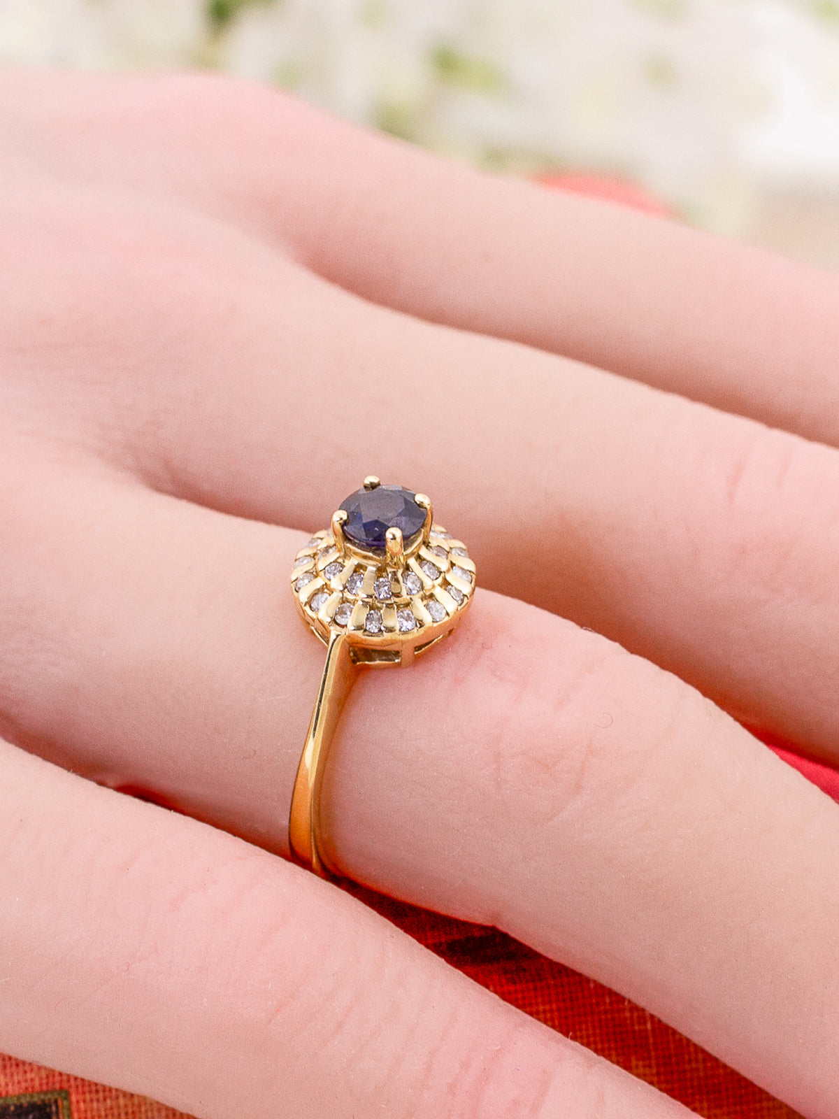 14K Yellow Gold Deep Blue Sapphire & Double Diamond Halo Cluster Ring – Size 6 1/4