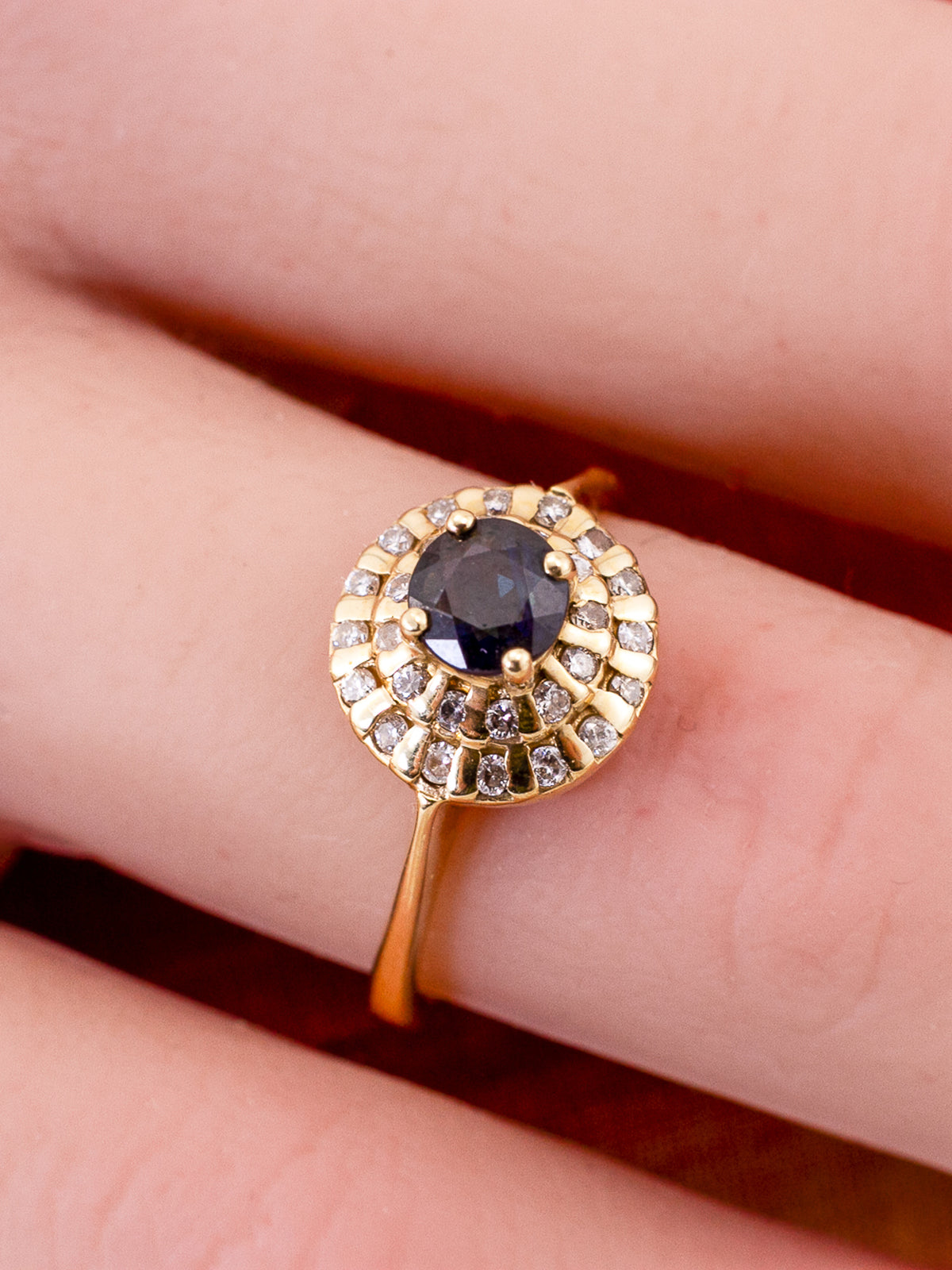 14K Yellow Gold Deep Blue Sapphire & Double Diamond Halo Cluster Ring – Size 6 1/4