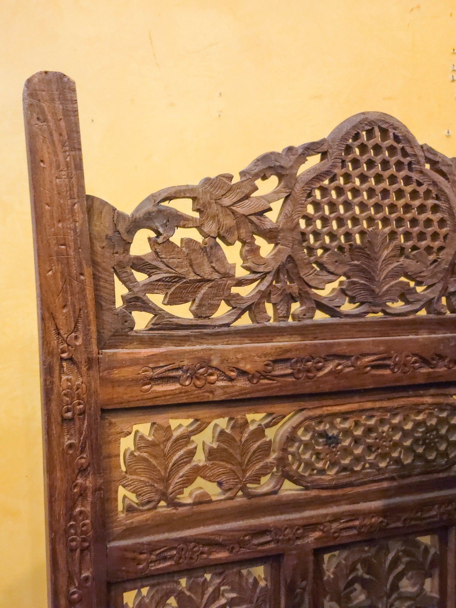 Vintage Hand Carved Teak 4 Panel Room Divider Screen