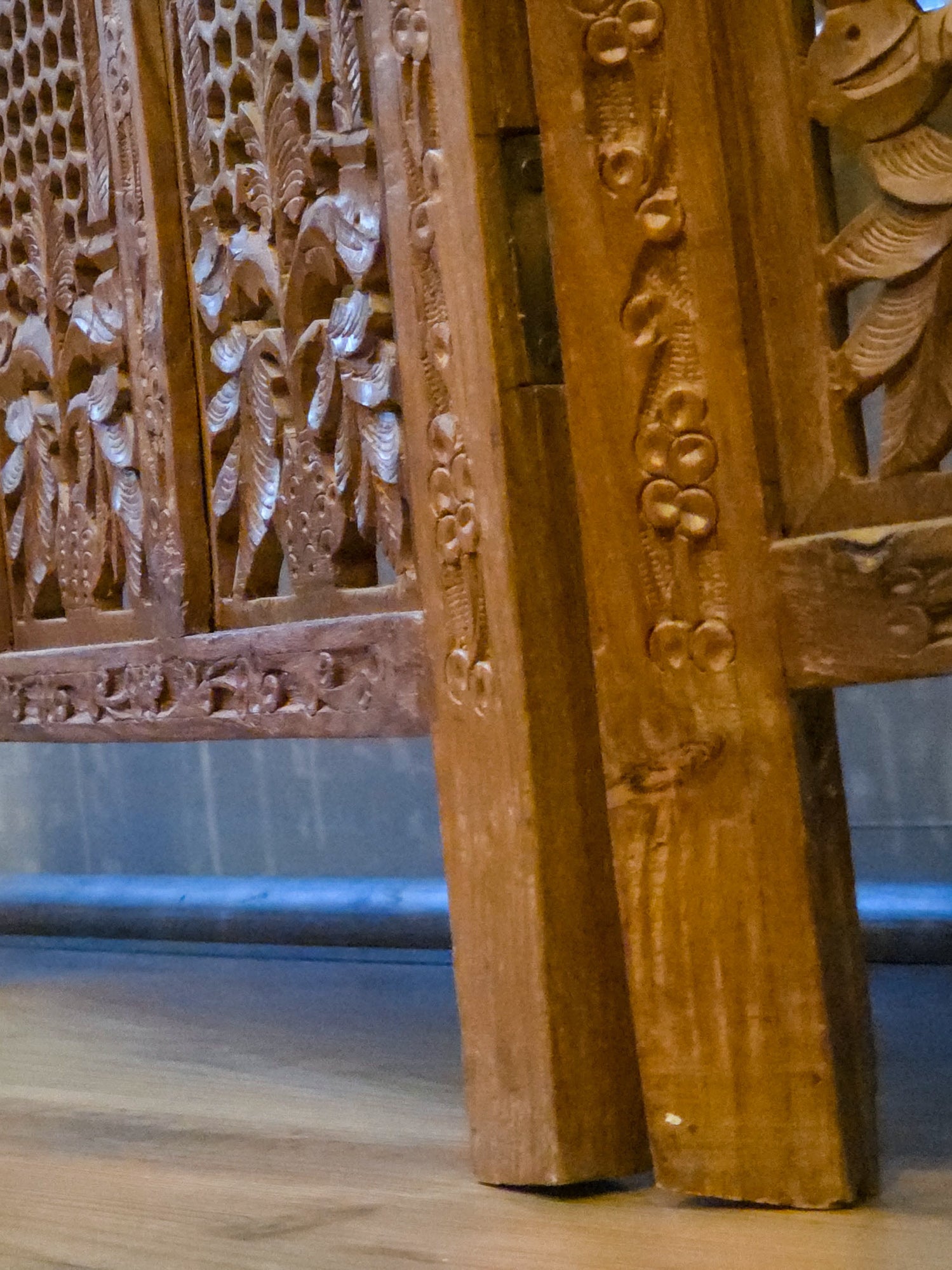Vintage Hand Carved Teak 4 Panel Room Divider Screen