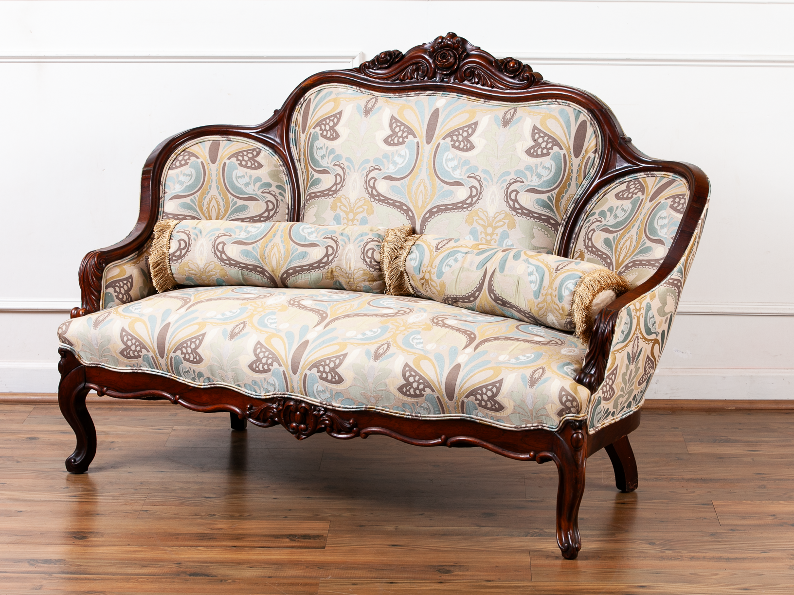 Victorian Rose-Carved Walnut Settee with New Upholstery