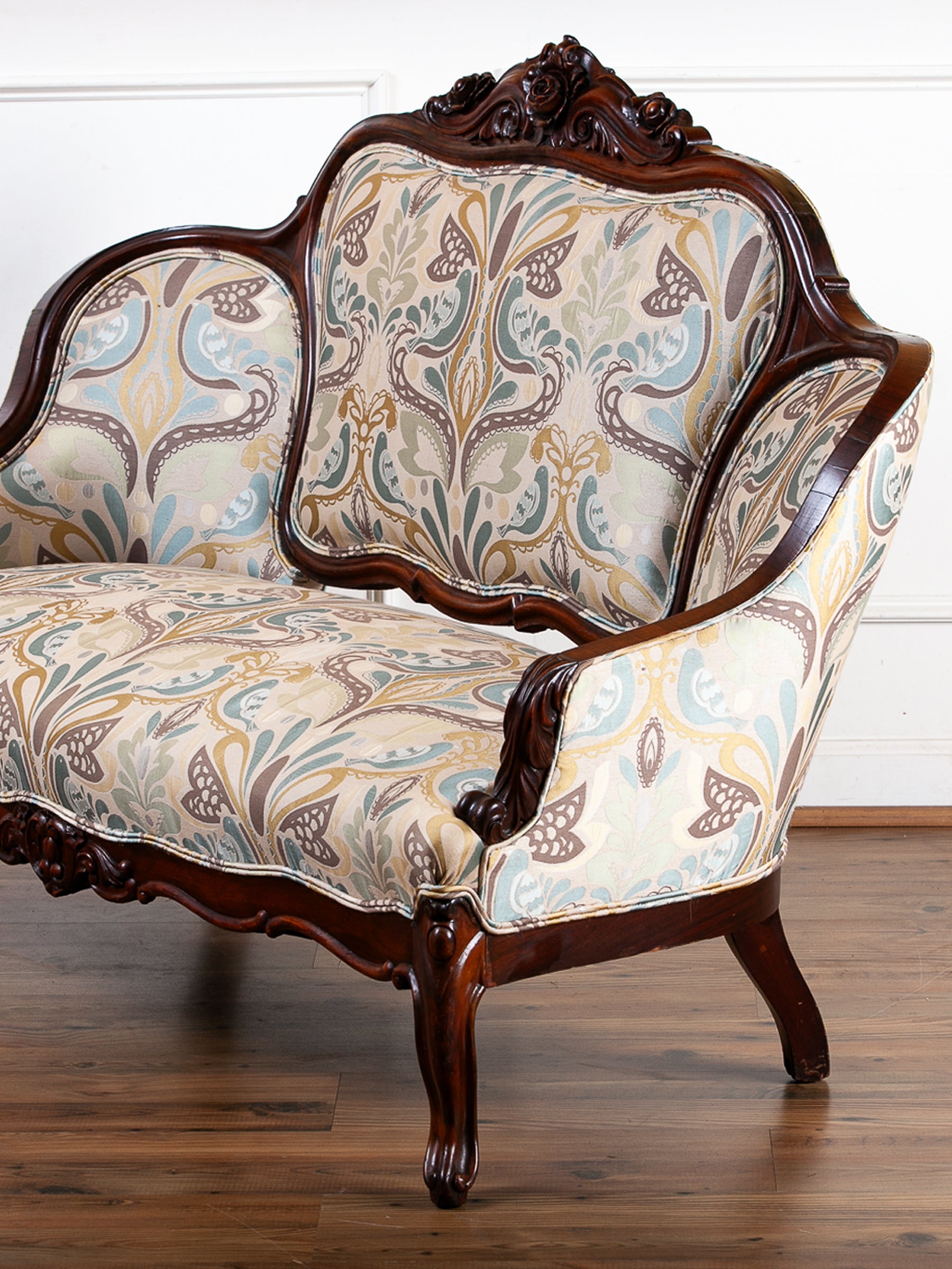 Victorian Rose-Carved Walnut Settee with New Upholstery