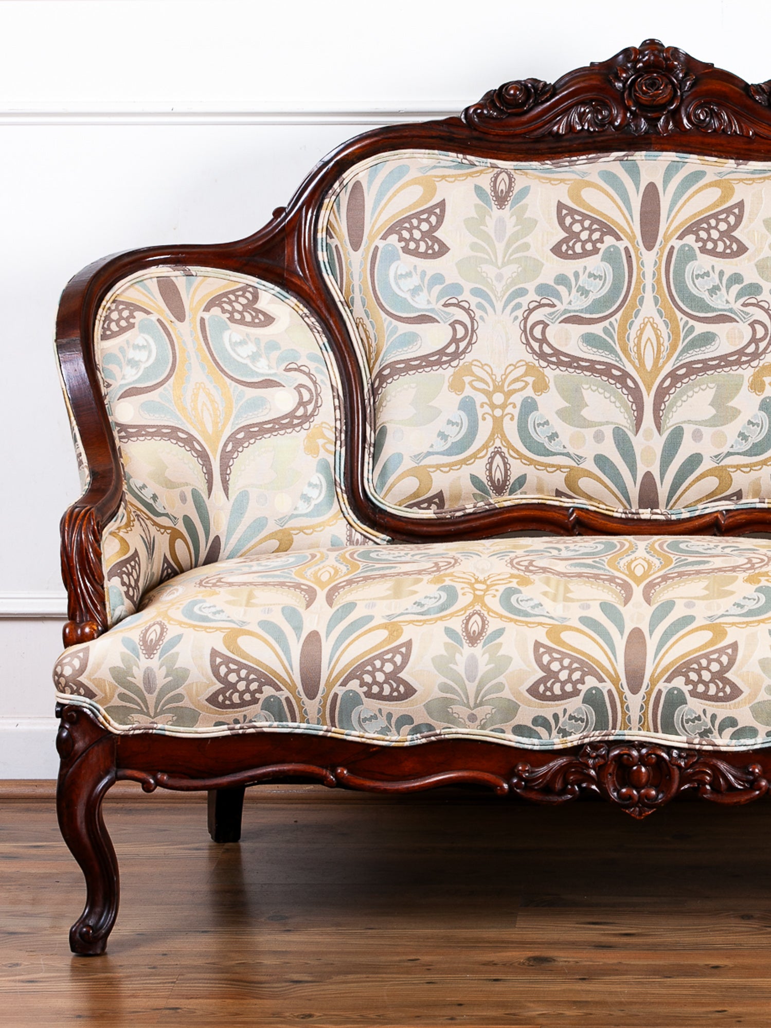 Victorian Rose-Carved Walnut Settee with New Upholstery
