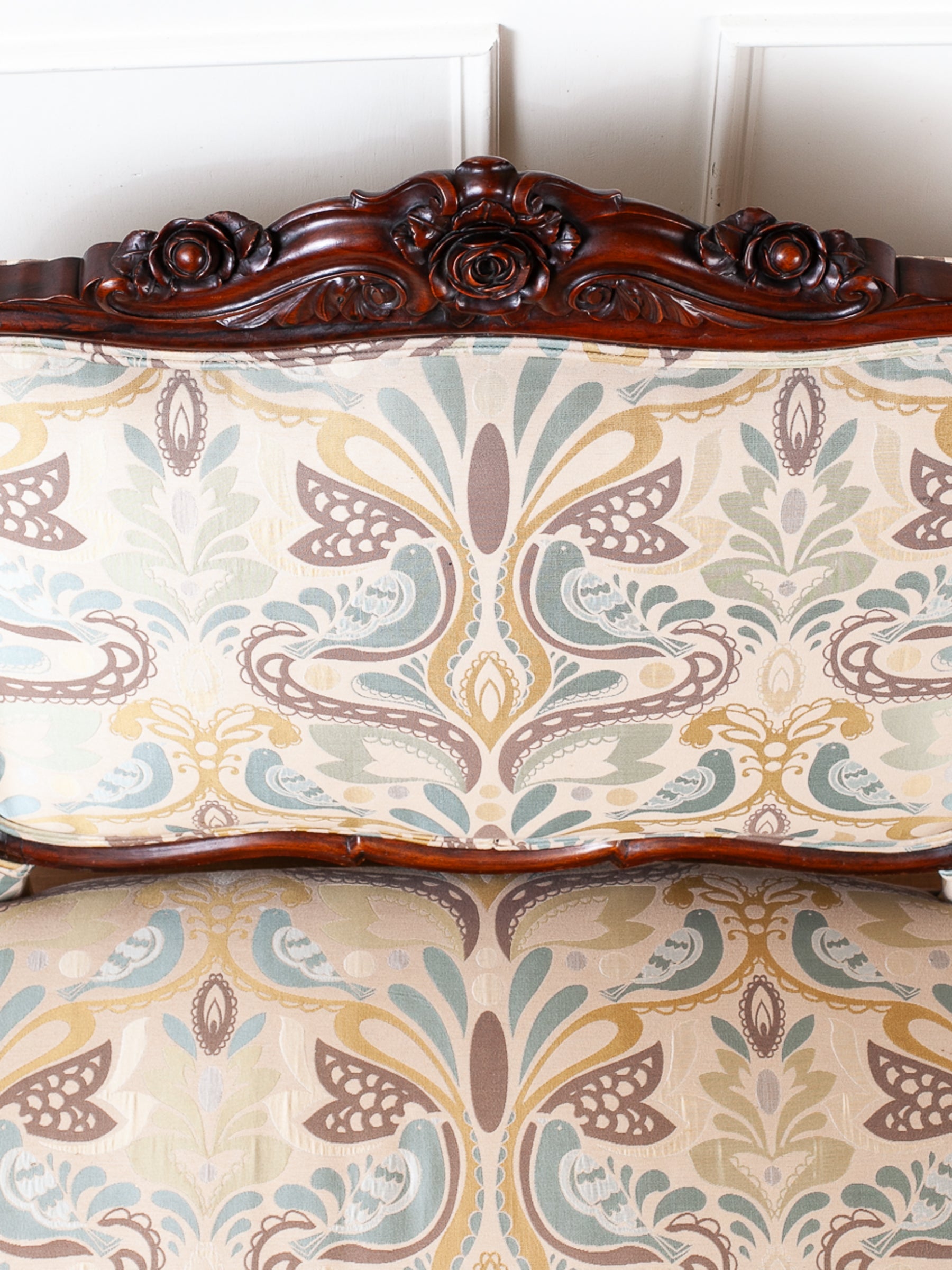 Victorian Rose-Carved Walnut Settee with New Upholstery