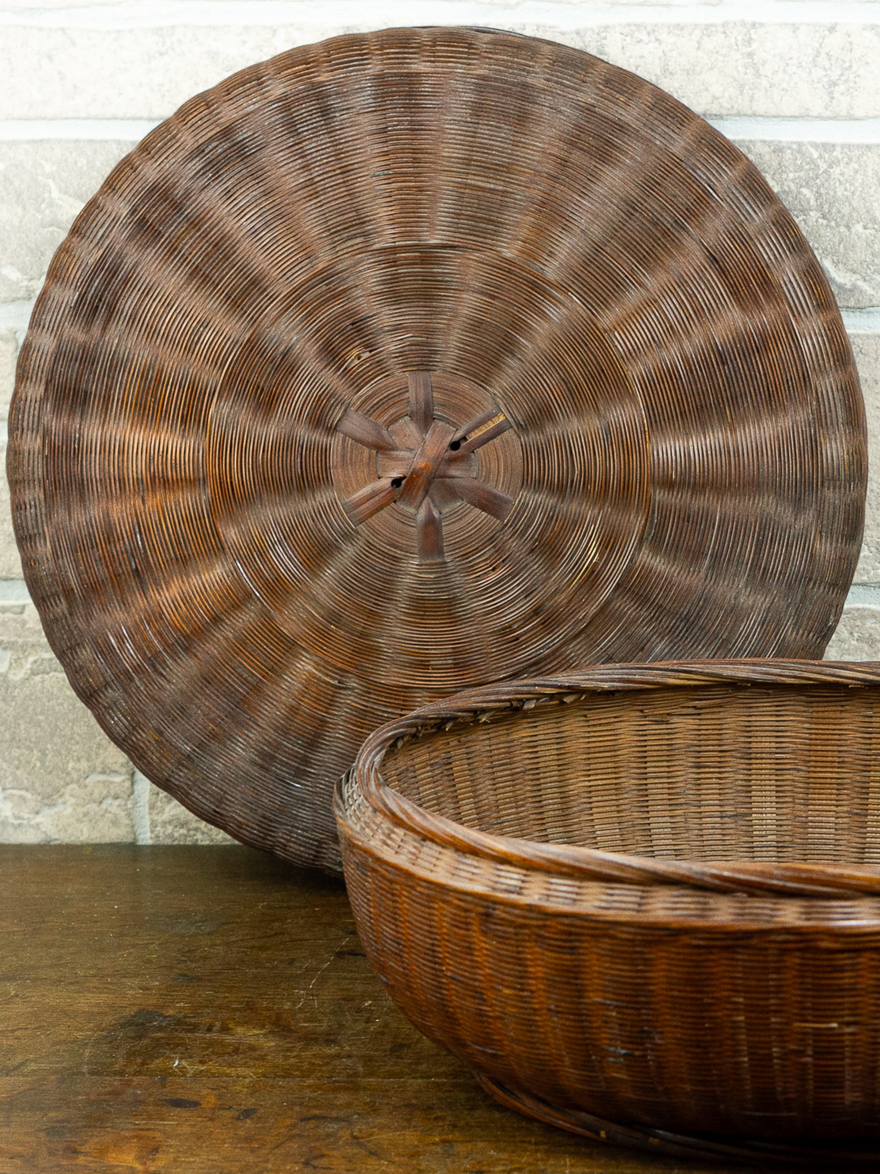 Large Asian Wicker Sewing Basket with Removable Lid