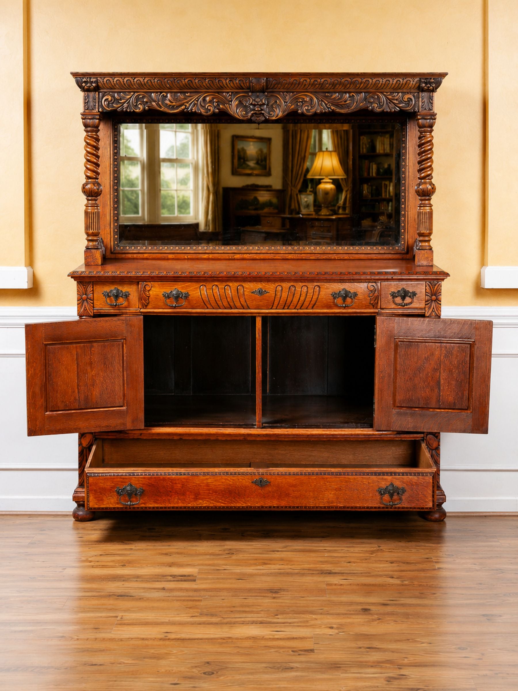 19th Century American Carved Oak Sideboard with Mirror