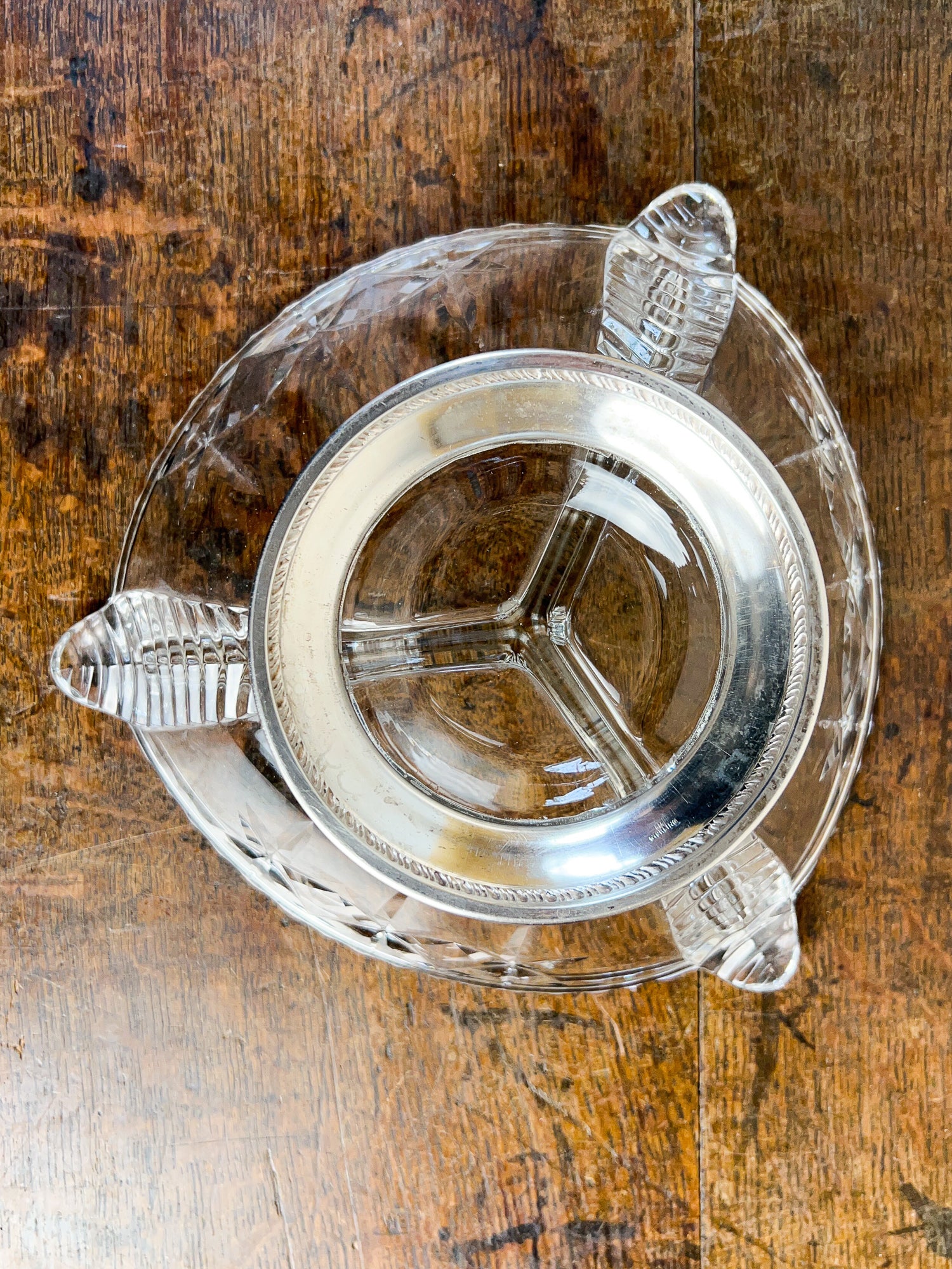 Pressed Crystal Divided Snack Dish with Sterling Silver Base