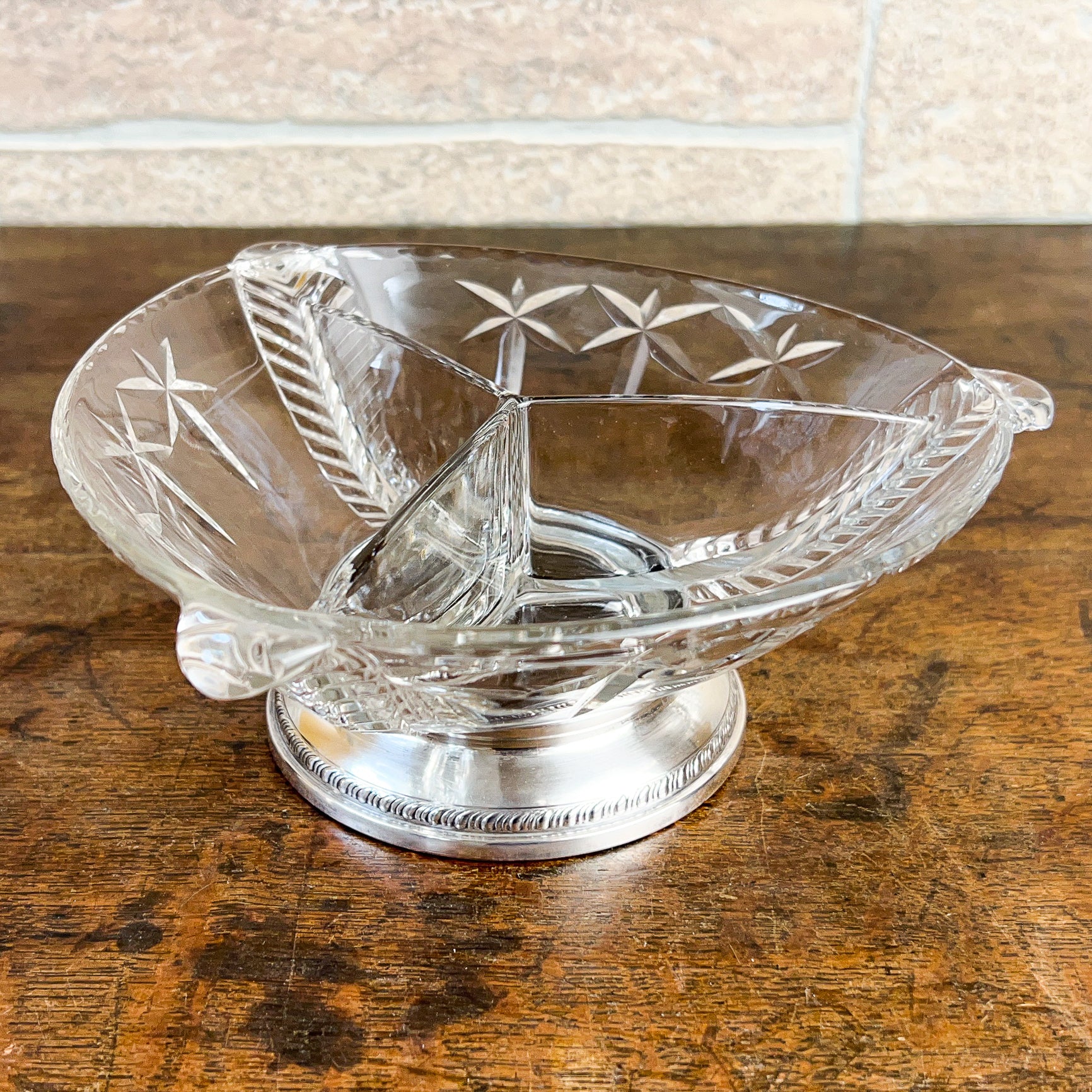 Pressed Crystal Divided Snack Dish with Sterling Silver Base