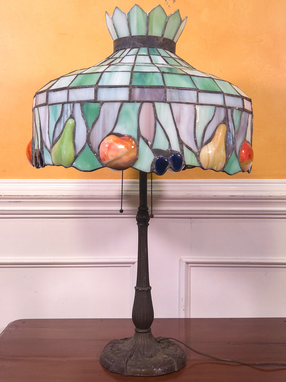 Large Tiffany-Style Slag Glass Fruit Motif Table Lamp by Miller Lamp Co.