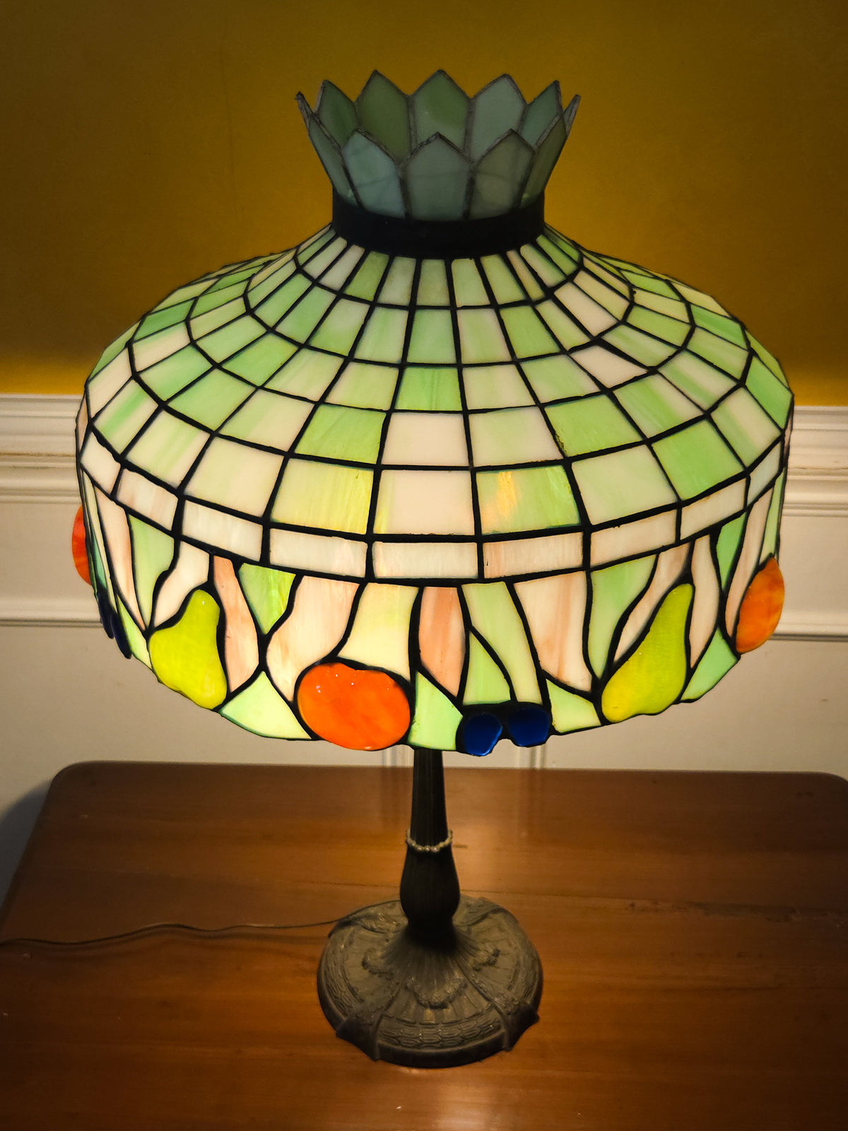 Large Tiffany-Style Slag Glass Fruit Motif Table Lamp by Miller Lamp Co.
