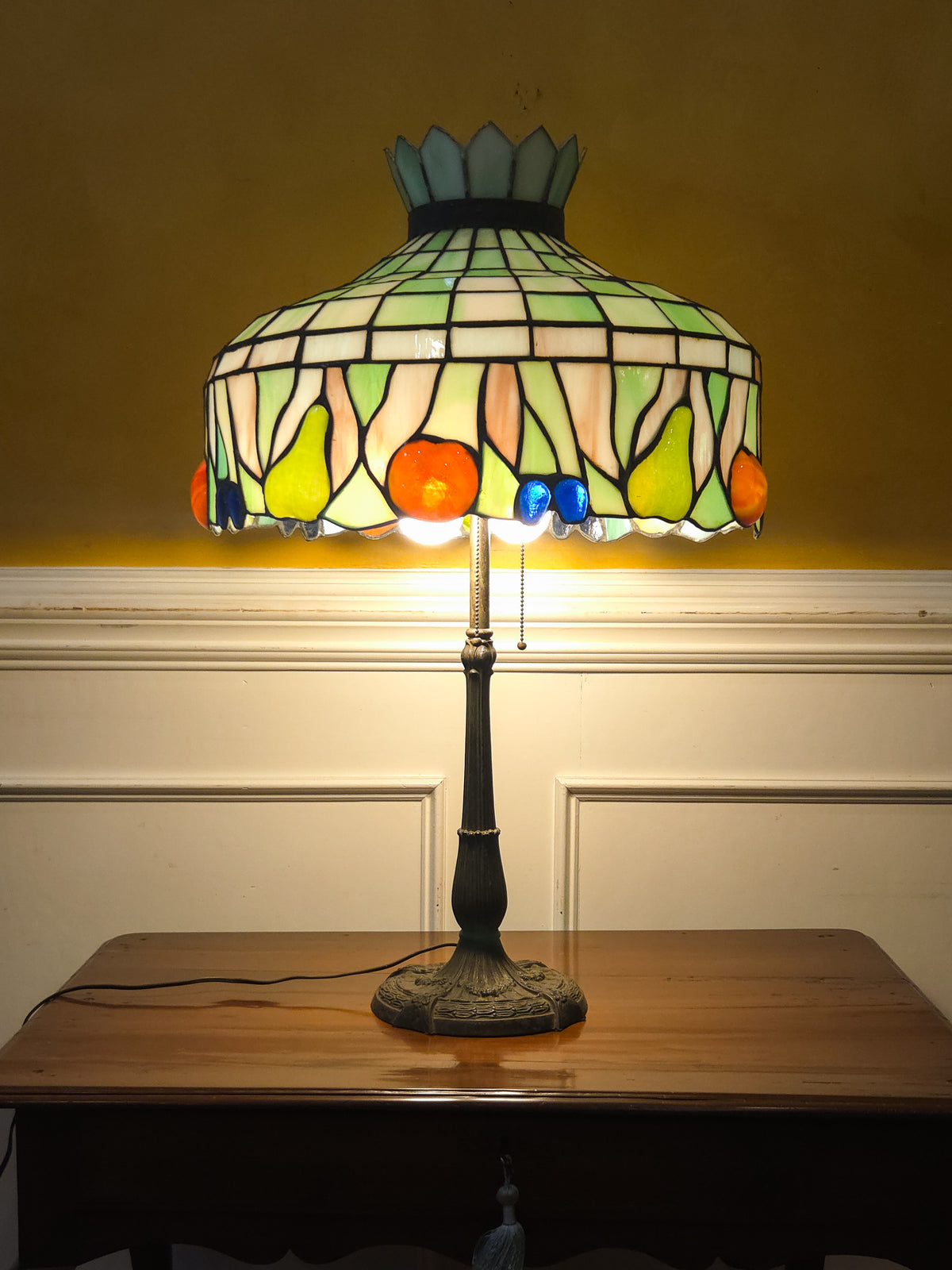 Large Tiffany-Style Slag Glass Fruit Motif Table Lamp by Miller Lamp Co.