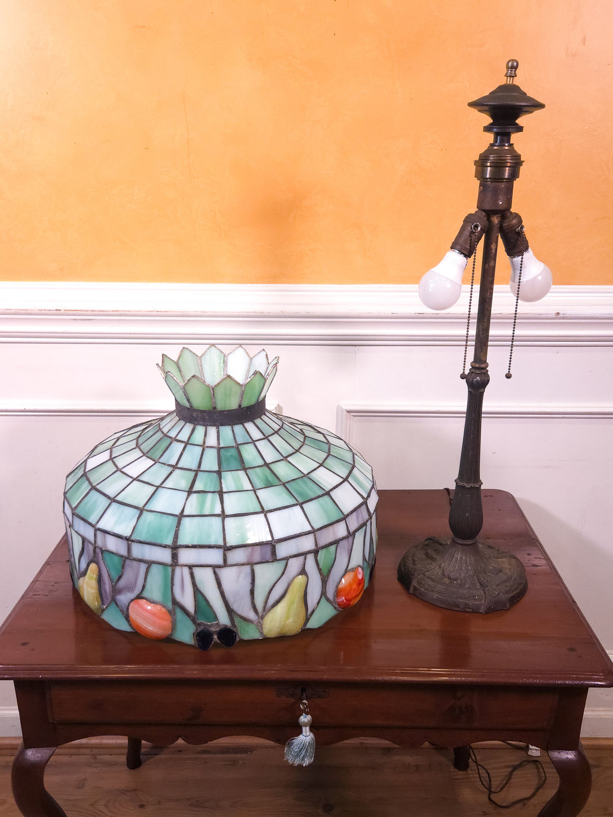 Large Tiffany-Style Slag Glass Fruit Motif Table Lamp by Miller Lamp Co.