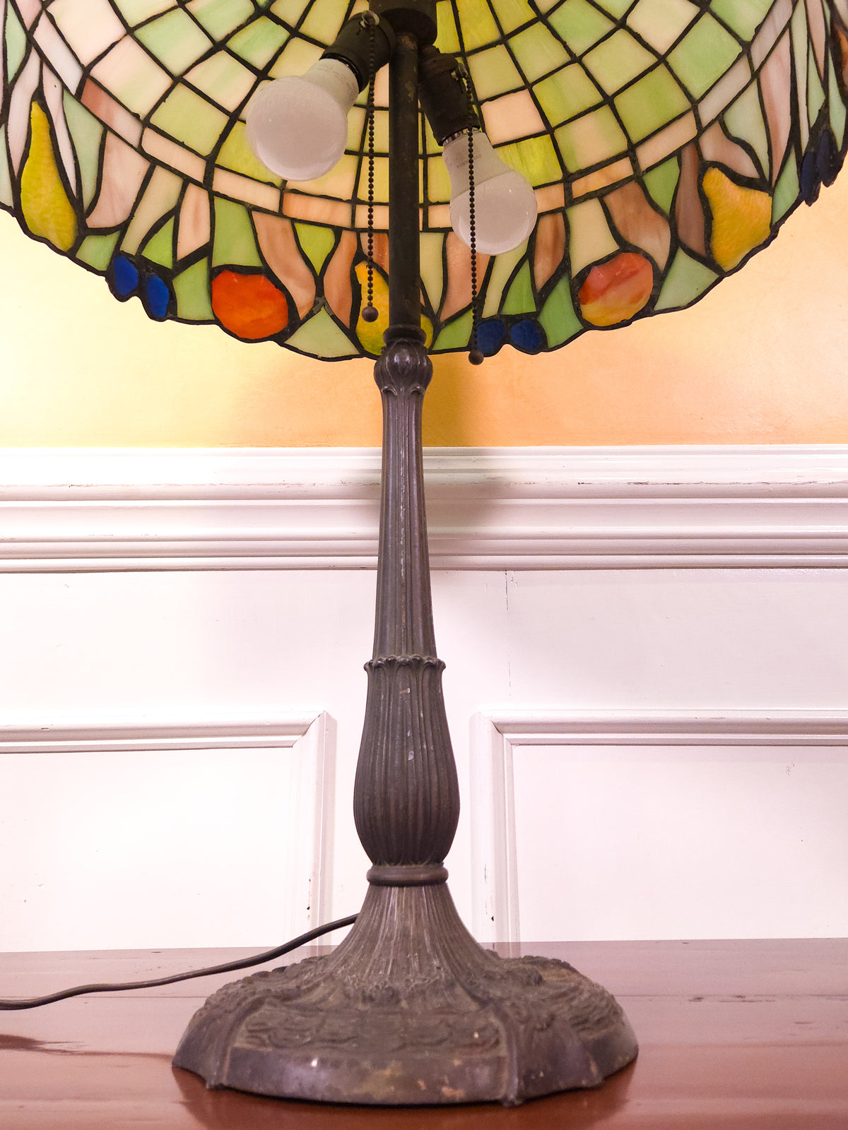 Large Tiffany-Style Slag Glass Fruit Motif Table Lamp by Miller Lamp Co.