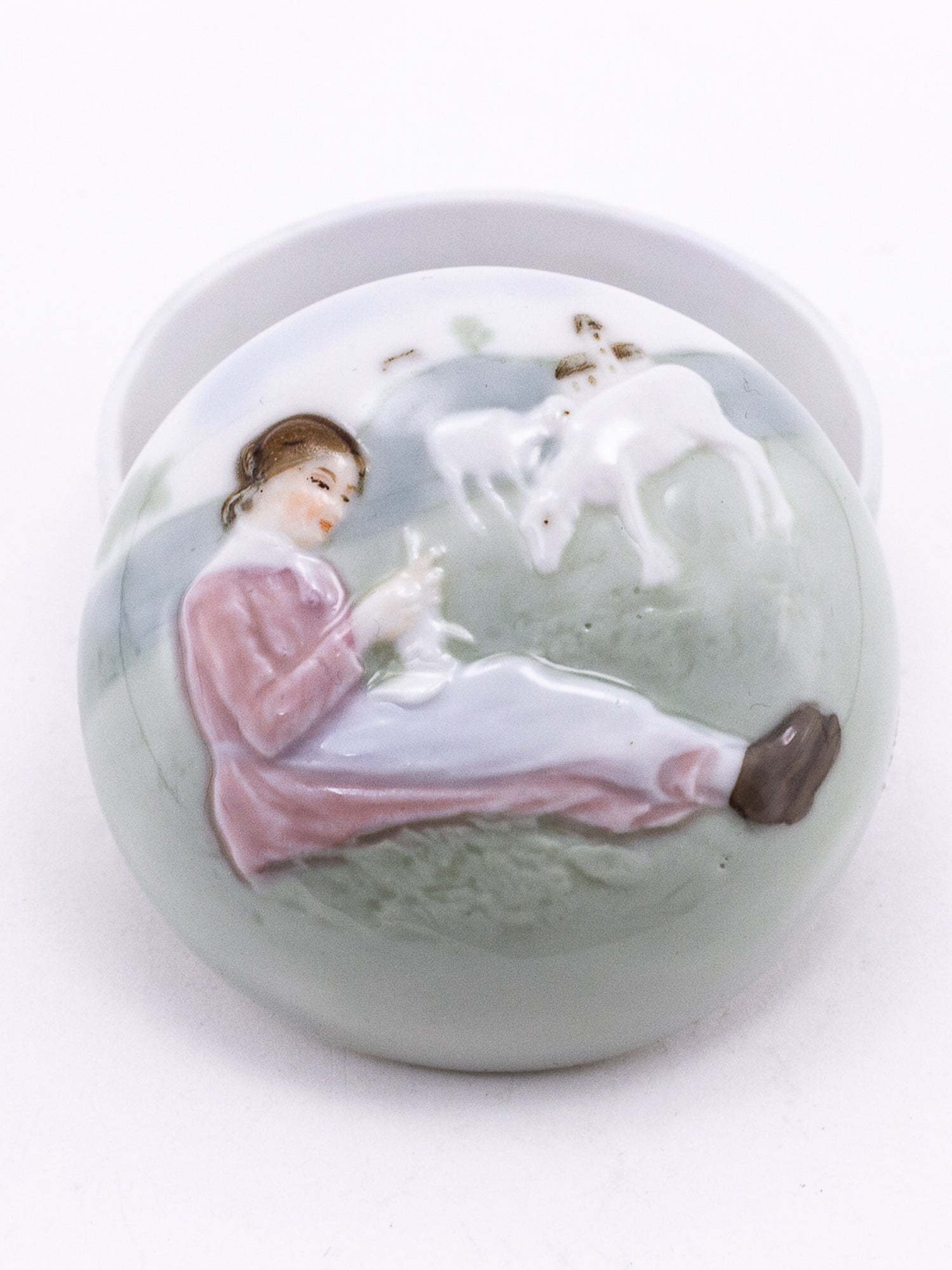 Antique Karl Ens Porcelain Trinket Box with Pastoral Scene, Circa 1900–1919