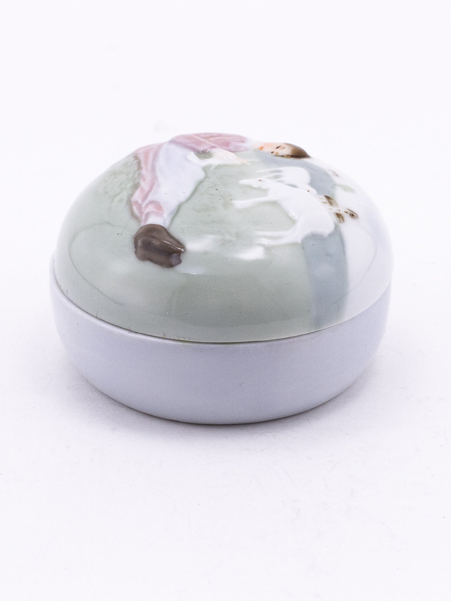 Antique Karl Ens Porcelain Trinket Box with Pastoral Scene, Circa 1900–1919