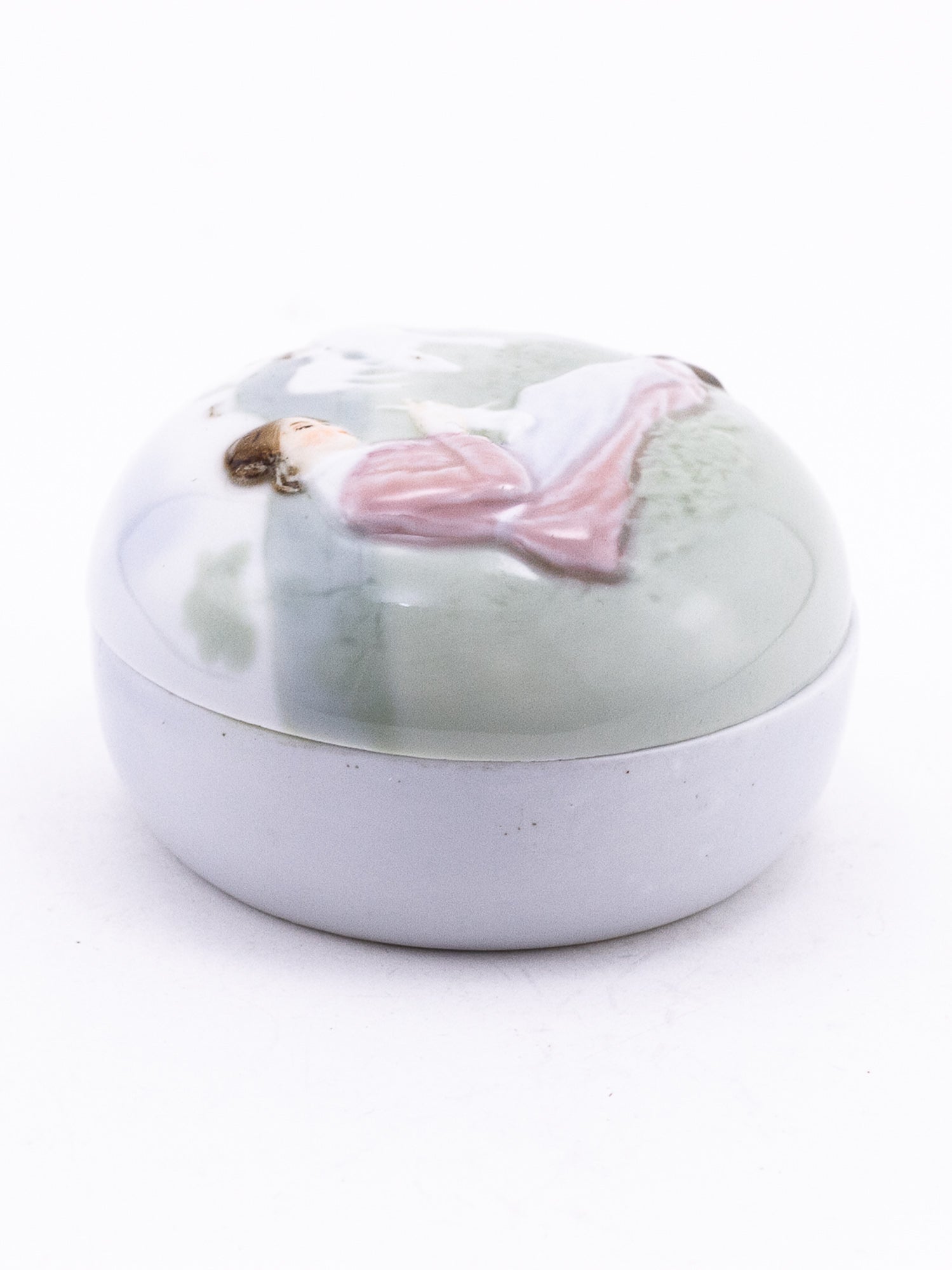 Antique Karl Ens Porcelain Trinket Box with Pastoral Scene, Circa 1900–1919