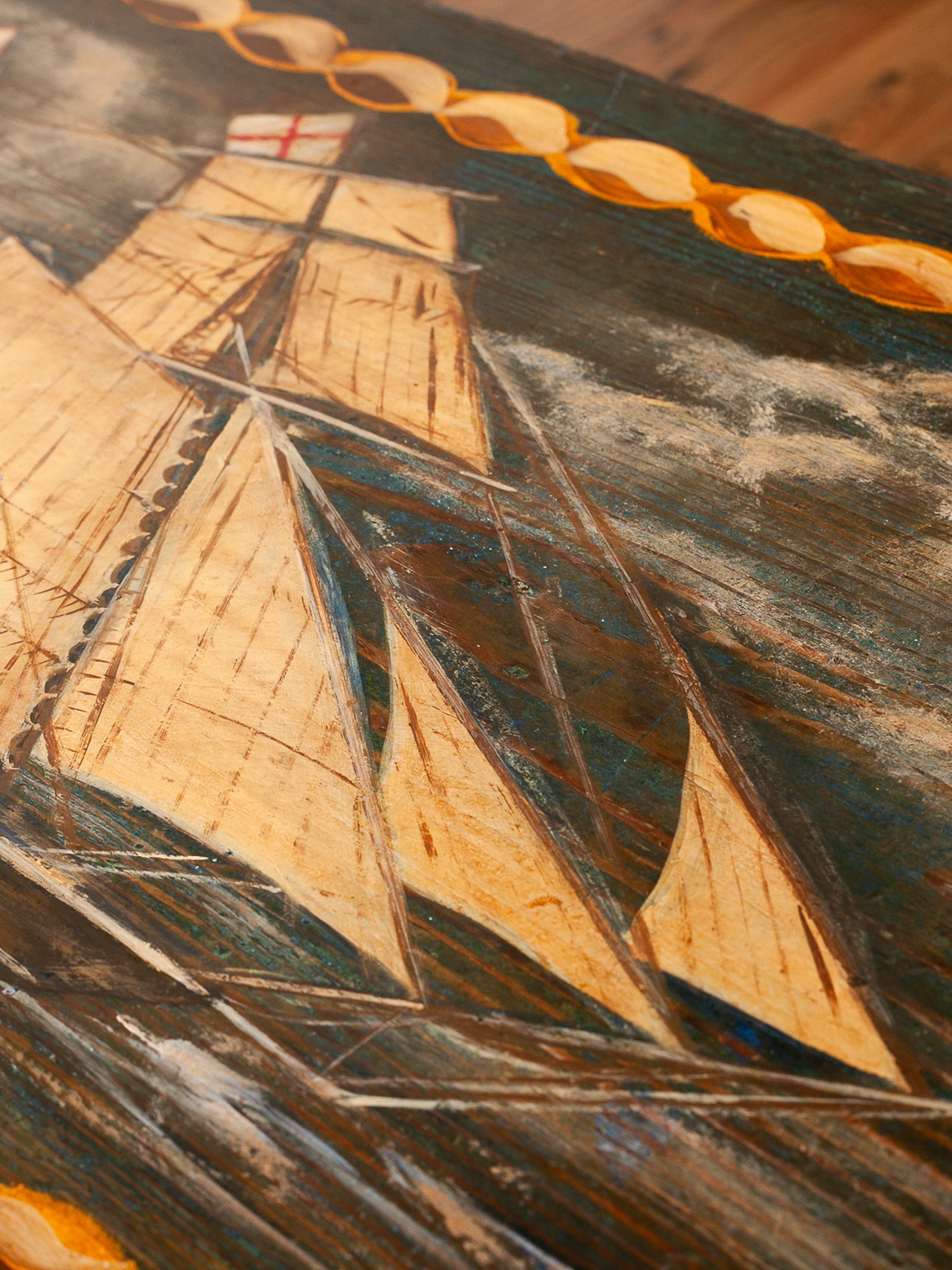 Painted Pine Folk Art Ship Chest Depicting the H.H. Cole, 1843