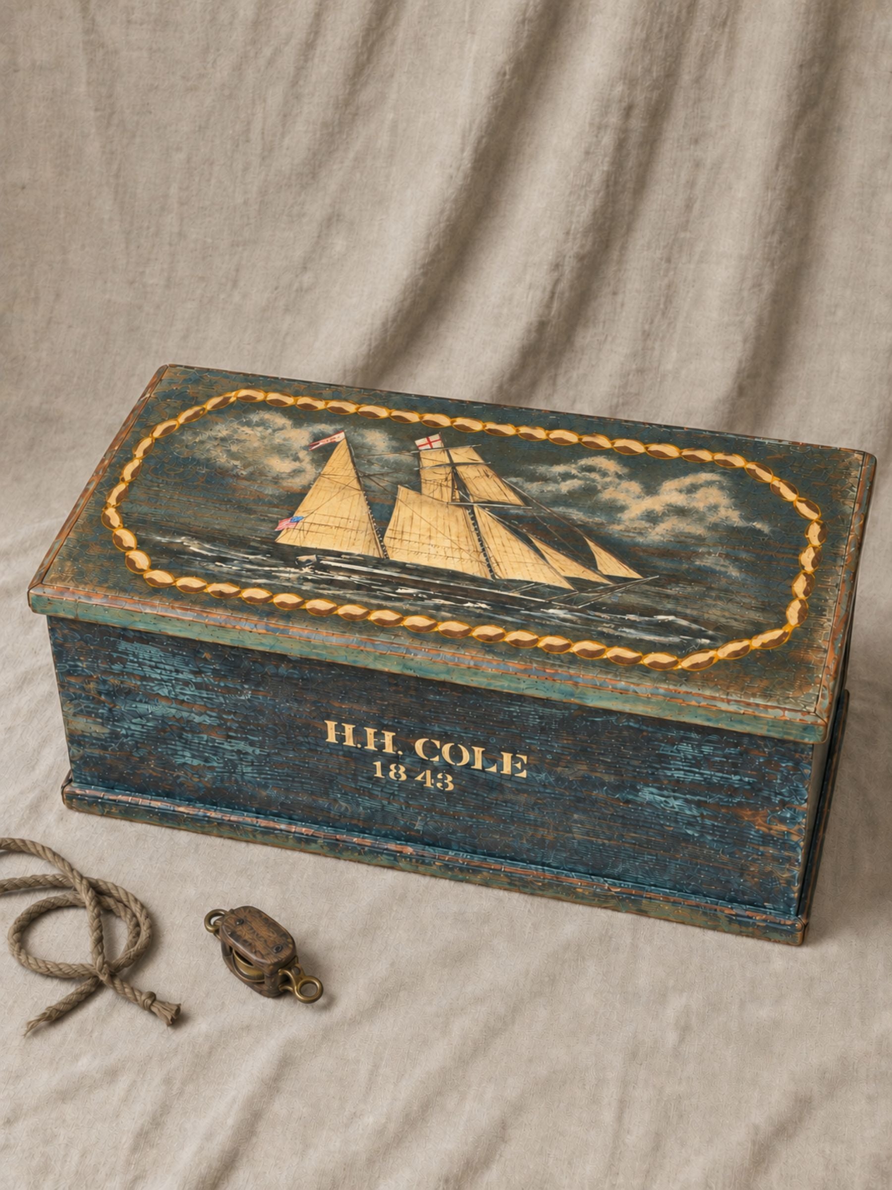 A vintage-style wooden keepsake box with a distressed blue finish and a hand-painted sailing ship design on the lid, placed on a beige fabric backdrop. Marked on frontside with H.H. Cole 1843