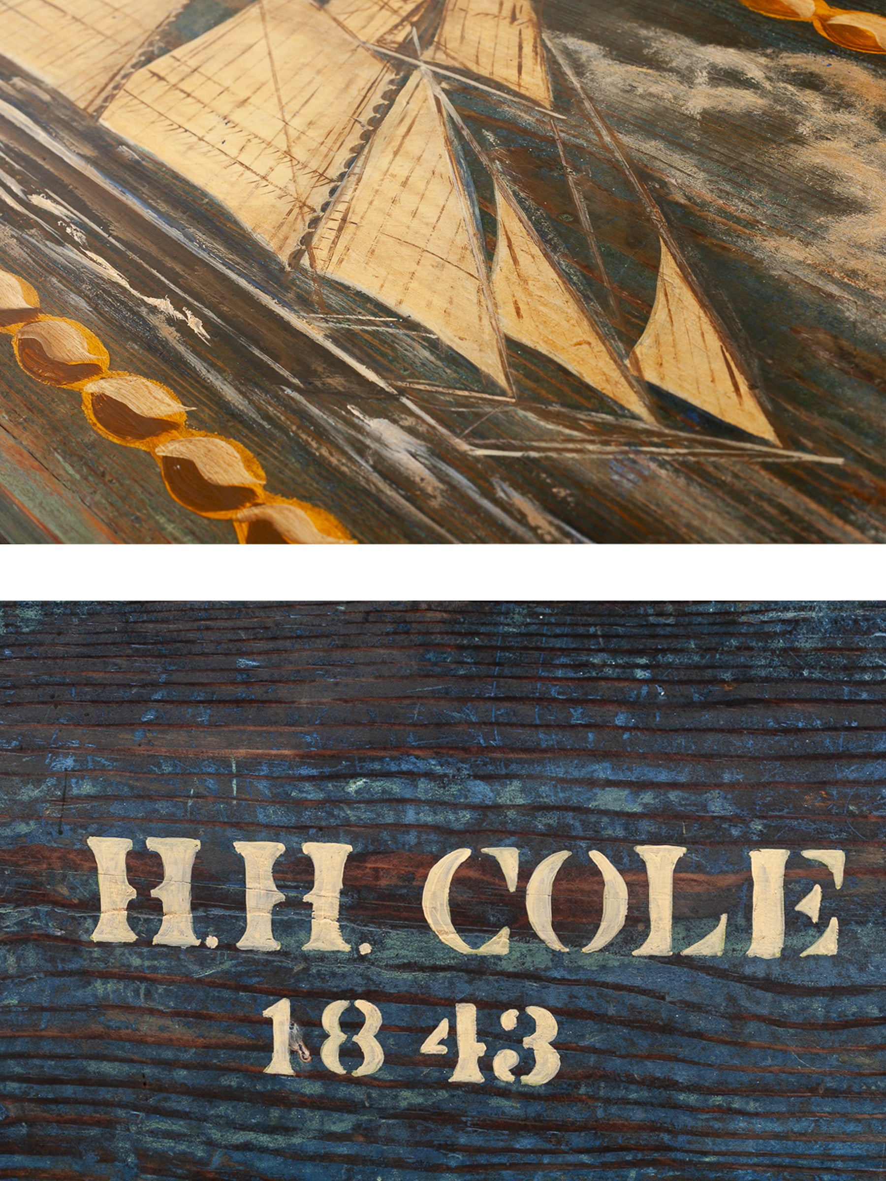 Painted Pine Folk Art Ship Chest Depicting the H.H. Cole, 1843