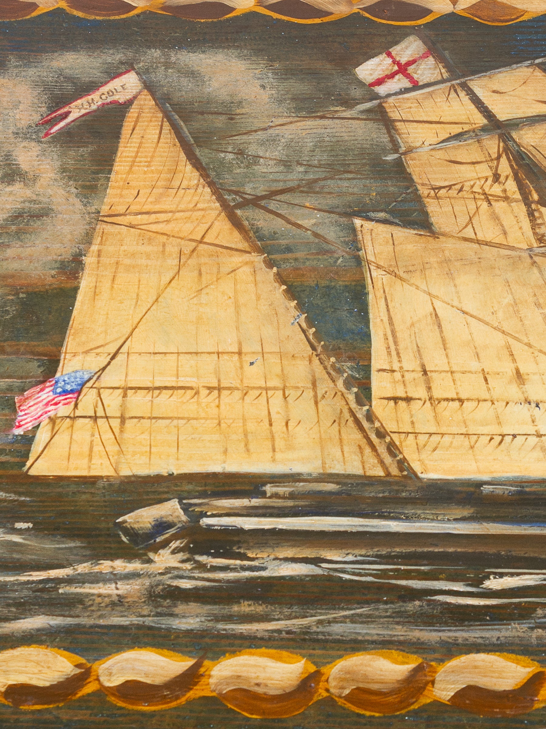 Painted Pine Folk Art Ship Chest Depicting the H.H. Cole, 1843