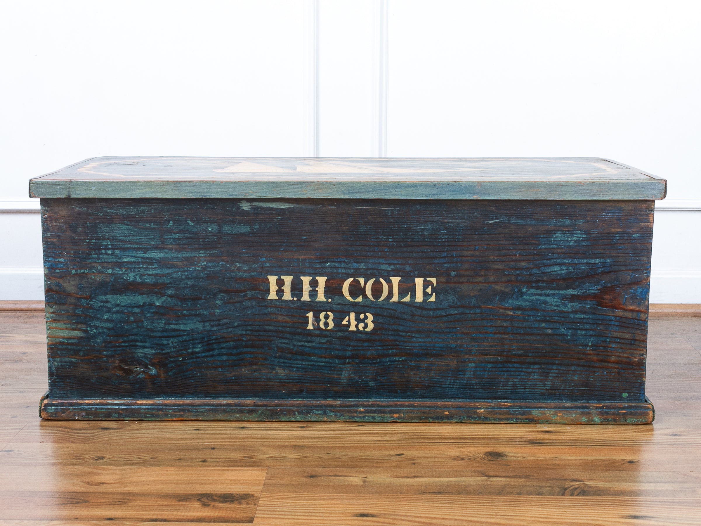 Painted Pine Folk Art Ship Chest Depicting the H.H. Cole, 1843